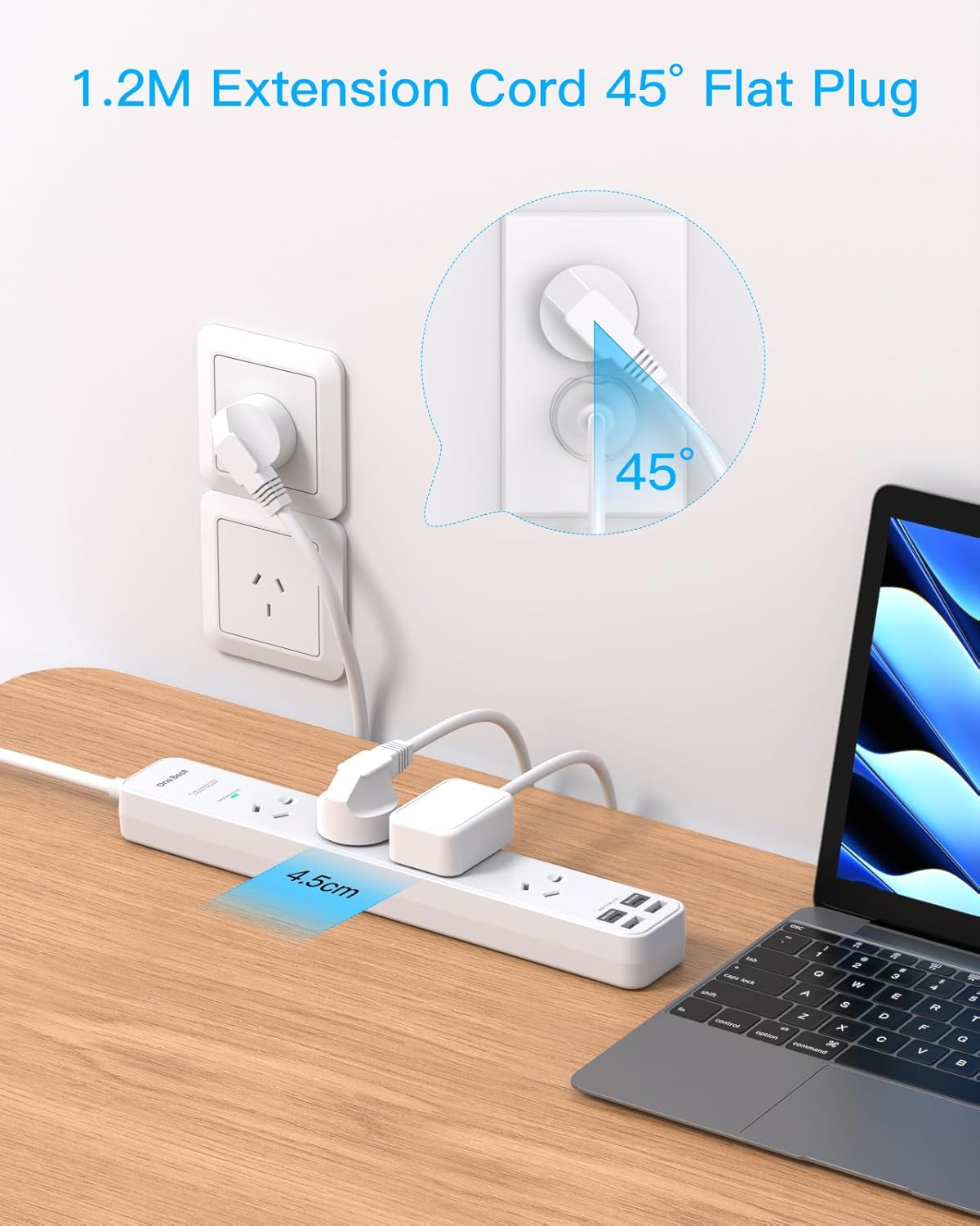 Power Board Surge Protected, 4 Widely Outlets with 4 USB Ports(2 USB a 2 USB C Charging Port), USB Power Board with 1.2M Extension Cord, 900J Surge Protection, Flat Plug, Wall Mount for Home Office