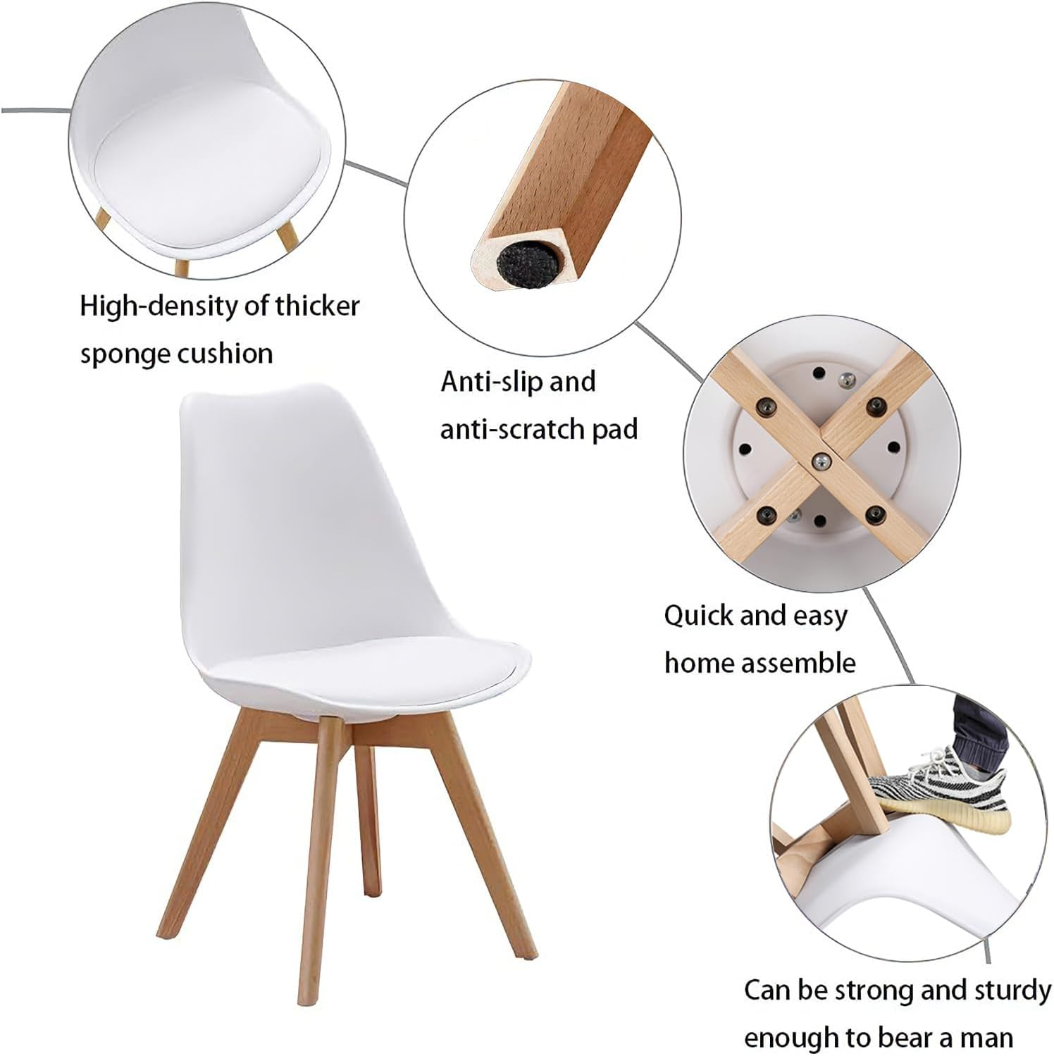 Dining Chairs Set of 4, Kitchen Chairs with Waterproof PU Leather Wood Legs, Morden Non-Slip Protectors Side Chair Upholstered Tulip Chair for Dining Room Living Room Bedroom - White image number 4