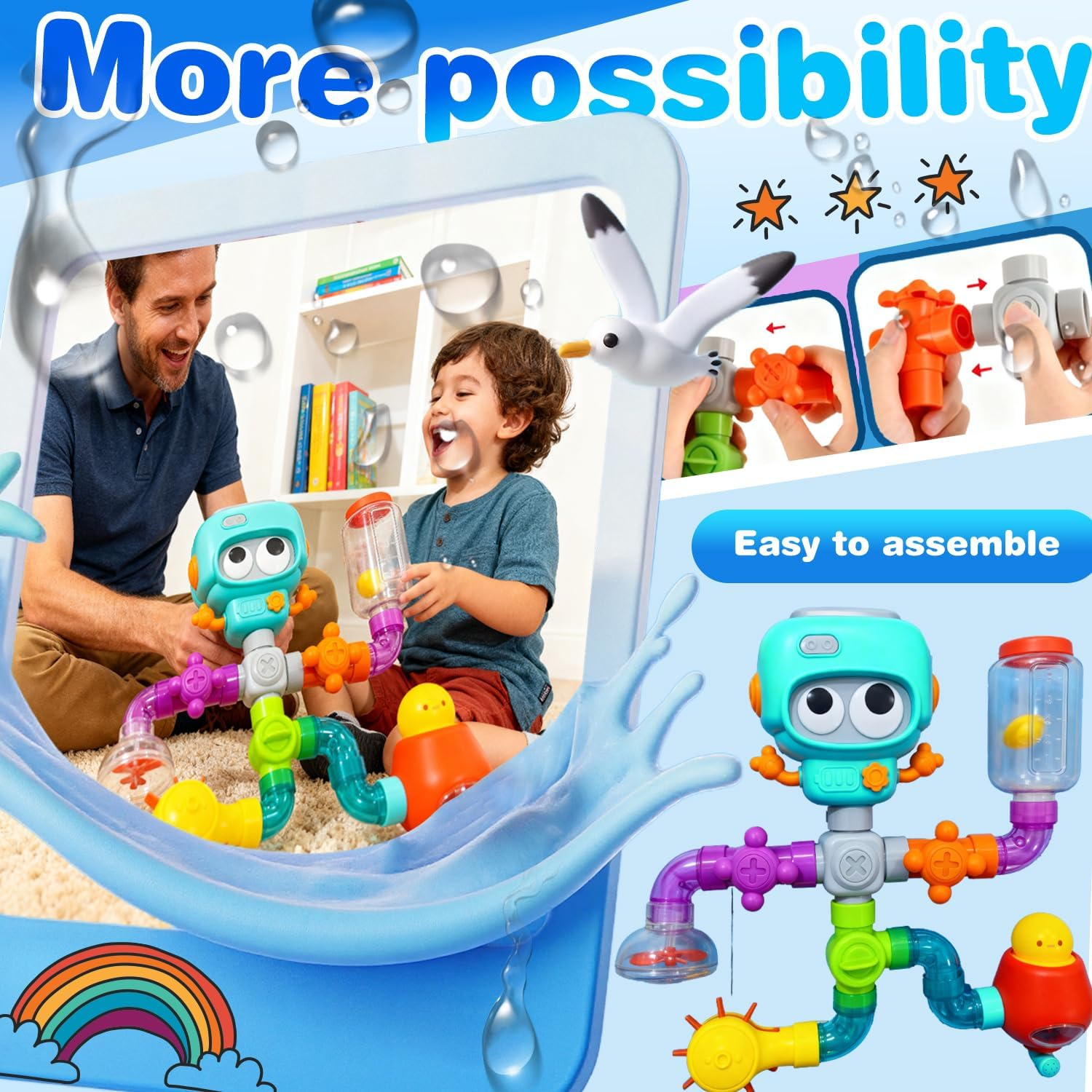 Wukon Baby Bath Toys for Toddlers - Waterworks Pipes Bath Toy for Kids Ages 3-8 with Suction Cups, Baby Bathtub Toy with Interactive Features for Cognitive Development Learn Gift for Boys Girls image number 3