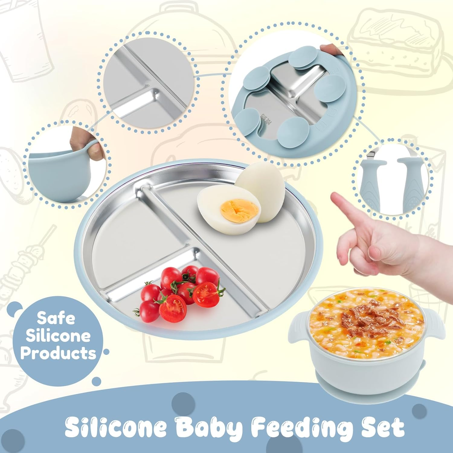 4 Pcs Stainless Steel Kids Plates Set Includes Plate Bowl Fork and Spoon, Creative Divided Food Tray, Dishwasher Safe Baby Feeding Set for Home Picnic Outdoor Activity (Light Blue) image number 5