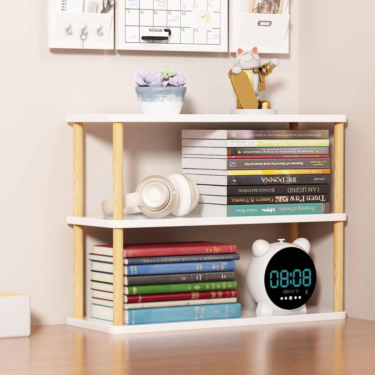 Hbluefat Desktop Organizer Shelf, 2-Tier Solid Wood Bookshelf Storage Rack, Small Countertop Bookcase Display Shelf for Home Office (Wood)