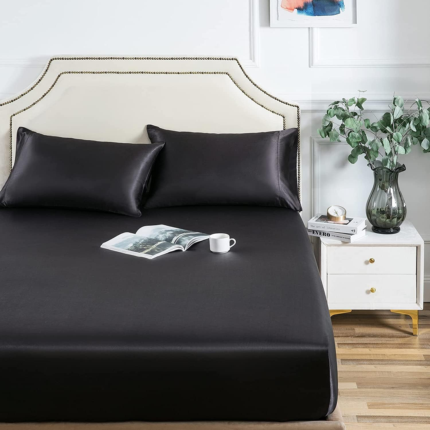 Forzzz Satin Sheets Double Size Silky Soft Satin Bed Sheets,Au Size White Satin Sheet Set, 1 Deep Pocket Fitted Sheet + 2 Pillowcases(Double,Black)