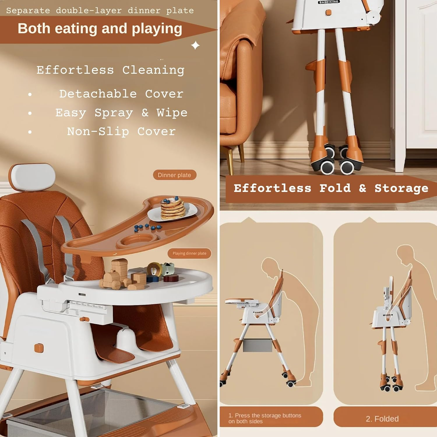 New Multifunctional Baby Highchair with 4 Wheels | Infant/Toddler Dining Chair Adjustable Highchair | Multi-Gear Tray, Removable Seat Cushion & 5 Point Harness, Portable High Chair (Brown) - Beige image number 5