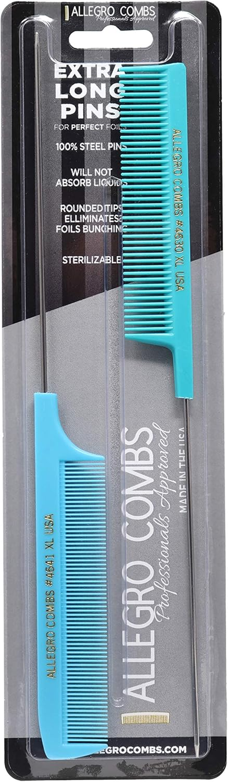 Allegro XL Pintail Rat Tail & Parting Combs - Metal Tail Foiling & Pin Combs (2 Pc. BLUE & AQUA)