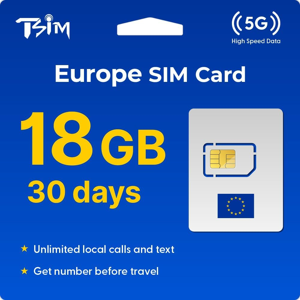 TSIM Europe SIM Card 30 Days 12GB | Unlimited Local Calls and Text | Get Number before Travel | 30+ Countries Austria, France, Germany, Italy, Switzerland, Spain, UK image number 1