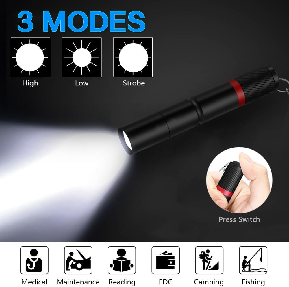 MODOAO Mini LED Keychain Flashlight, 2 Pack Pocket Size Torch with 3 Light Modes, Waterproof Ultra Bright Portable Key Chain Small Flash Light for Hiking, Camping, Hunting, Fishing image number 2