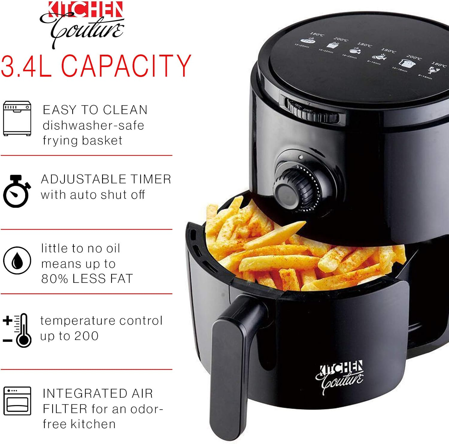 Kitchen Couture Air Fryer 3.4 Litre | 30 Minute Digital Timer | 1200W | Temperature Control up to 200 Degrees Celsius | Multi Purpose | Black image number 5