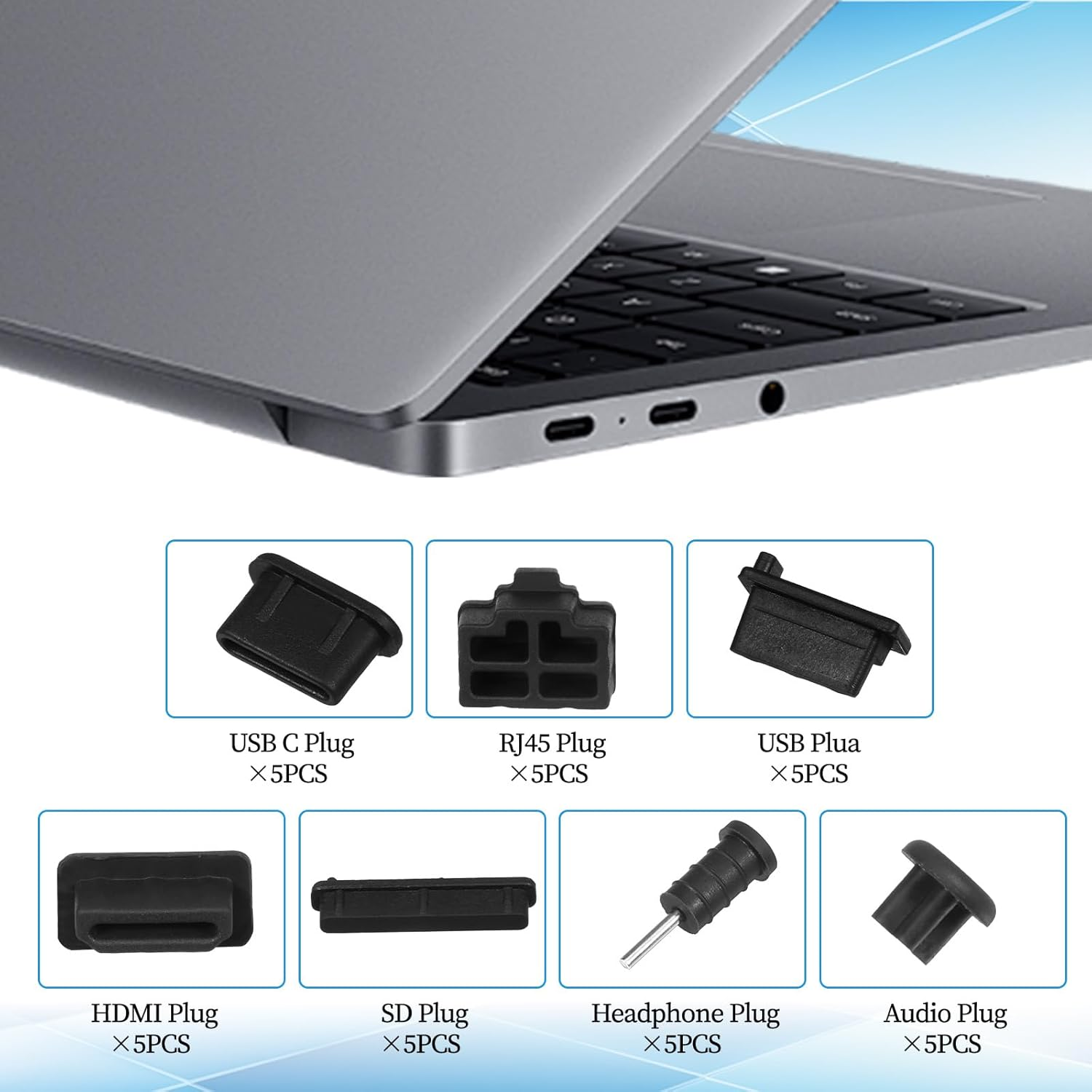 Pack of 35 7 Types USB Protective Cap, USB Port Covers, Silicone USB Dust Protection Port Plug, Silicone USB Cap Connector Stopper for USB, USB C, RJ45, HDMI, SD Port, Headphone Jack, Audio Port image number 1