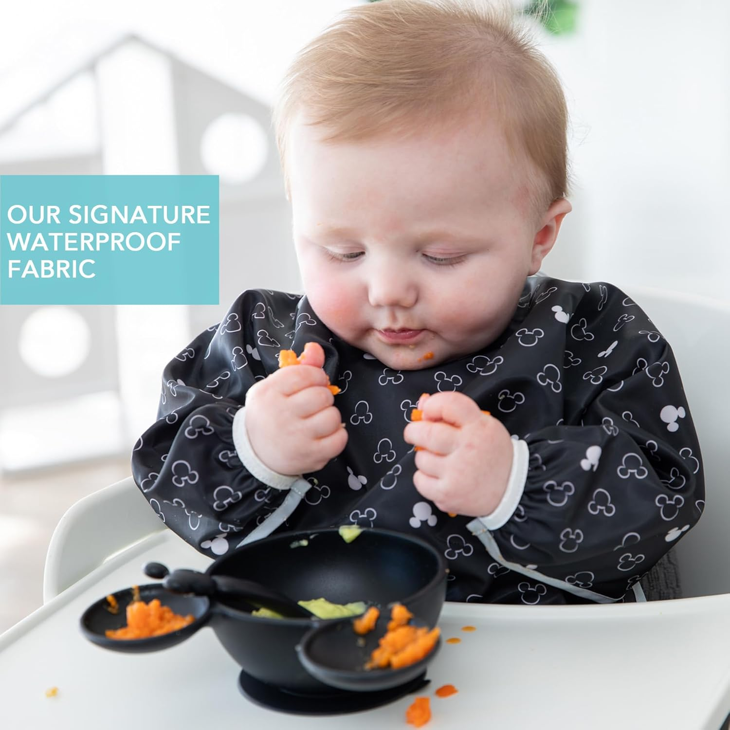 Bumkins Disney Bibs, Baby and Toddler Girls and Boys 6-24 Months, Long Sleeve, Essential Must Have for Eating, Feeding, Mess Saving Lightweight Waterproof Fabric Sleeved Smock, Mickey Mouse Icon image number 4