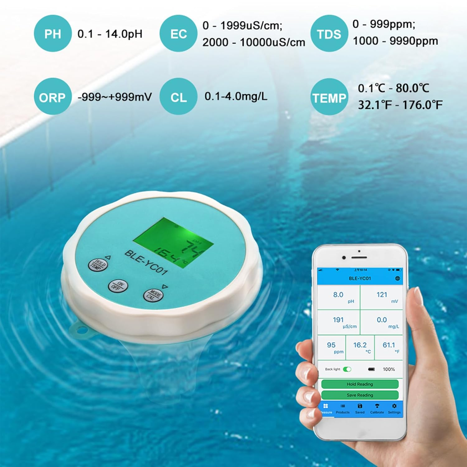 6 in 1 Digital Water Tester, PH EC TDS ORP Temp R Esidual C Hlorine Water Quality Tester, Phone APP Data Synchronization Display Water Testing Meter for Swimming Pool, Aquariums image number 2
