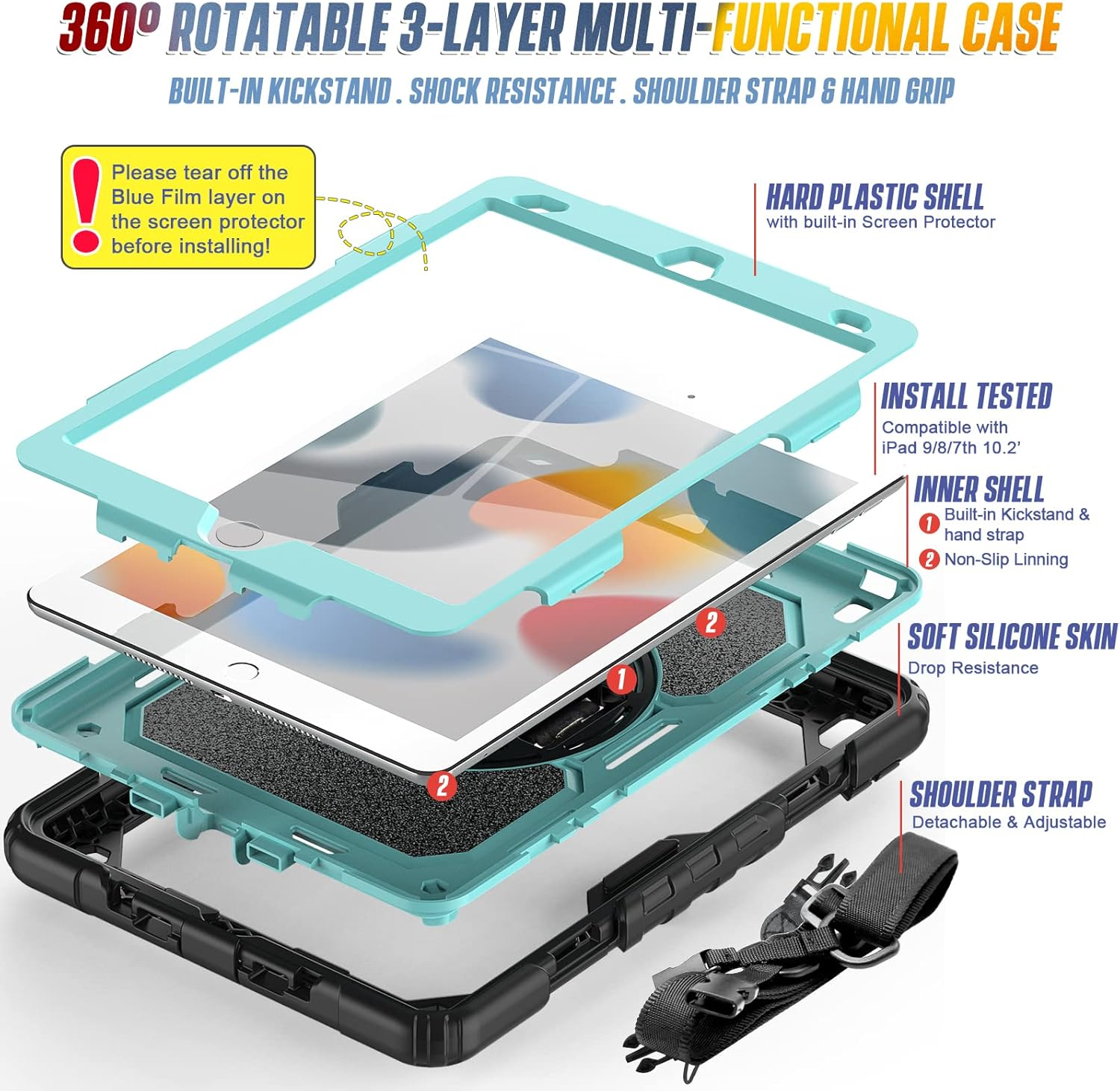 Herize Ipad 10.2 Case,Ipad 9Th/8Th/7Th Generation Cases 2021 2020 with Screen Protector, Heavy Duty Hard Durable Shockproof Protective Case Cover with Stand,Hand Strap,Shoulder Strap for Kids,Skyblue image number 4