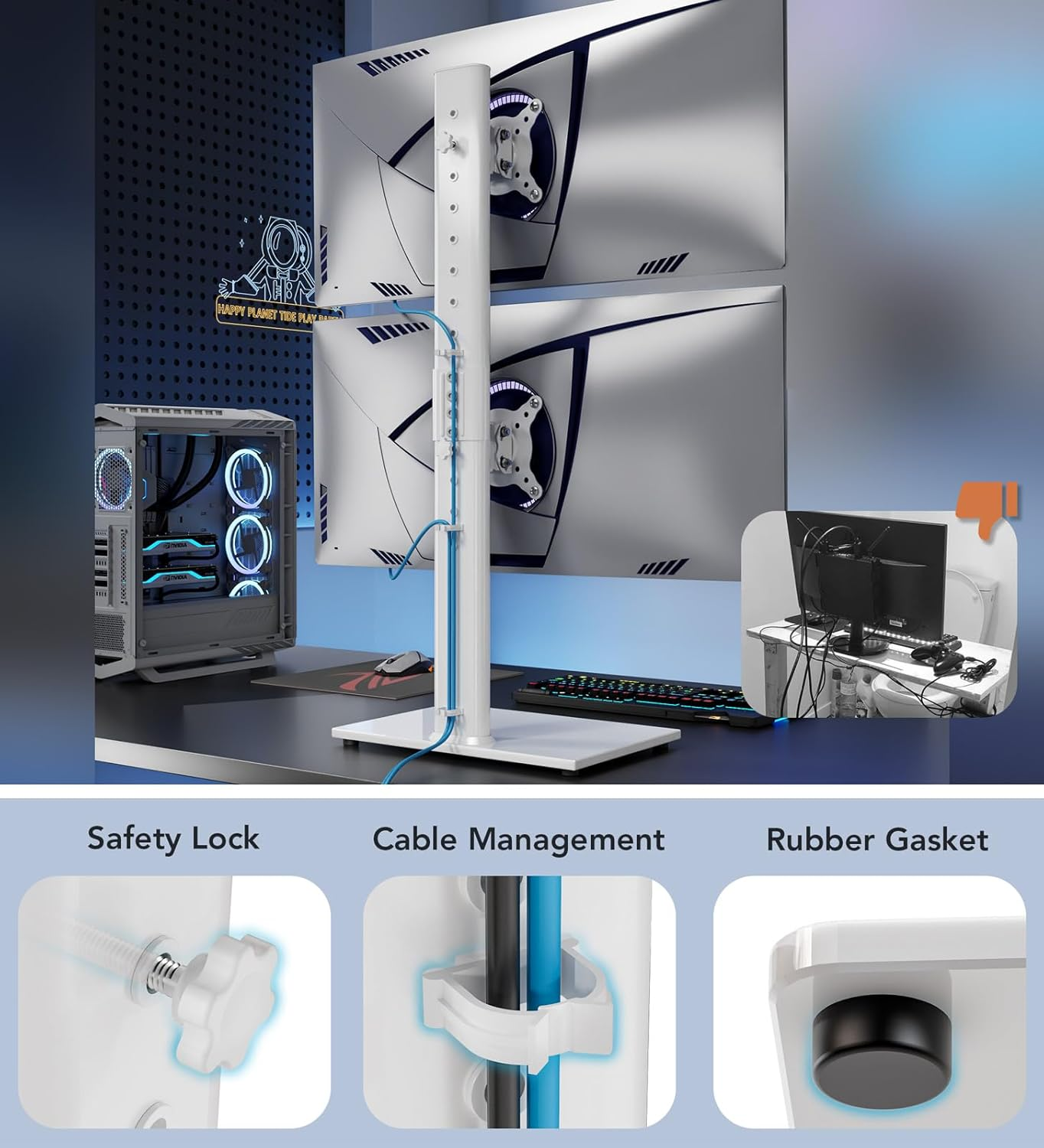 Hemudu Dual Monitor Stand - Vertical Stack Screen Free-Standing Monitor Riser Fits Two 13 to 34 Inch Screen with Swivel, Tilt, Height Adjustable, Holds One (1) Screen up to 44Lbs HT05W-002 White