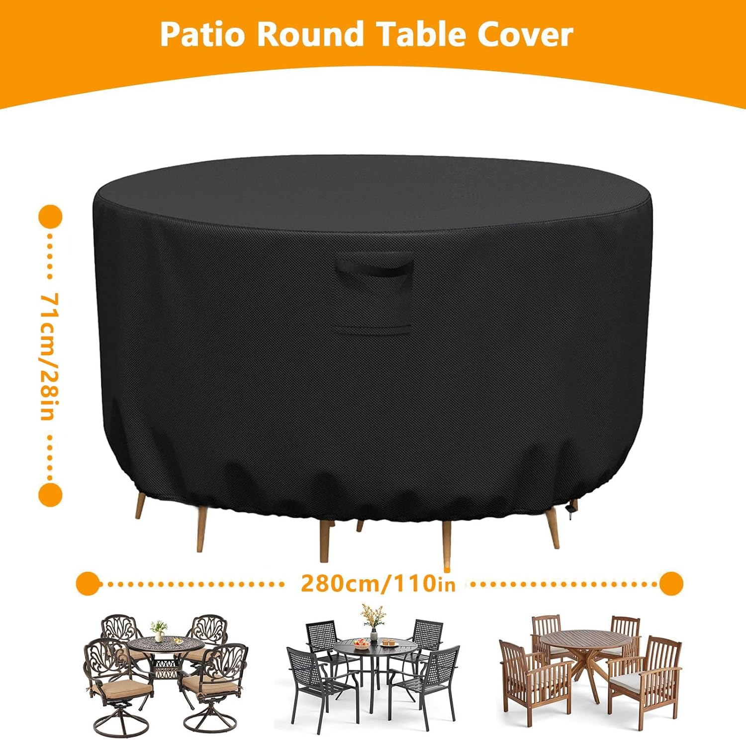 KALINCO Patio Furniture Covers, Heavy Duty 420D Outdoor Furniture Cover Waterproof, Outdoor Table and Chair Set Cover Wind Dust Proof (Black, Round: 280&times;71Cm)