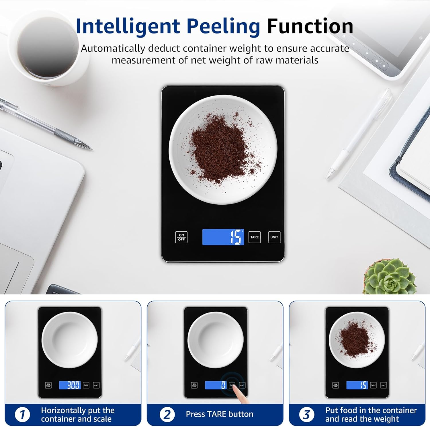 Digital Kitchen Scales 15Kg/33Lb Food Scale High Accuracy1G/0.03Oz Weight in Grams and Ounces Scale Waterproof Tempered Glass Platform with LCD Display for Cooking Baking (Black) image number 4