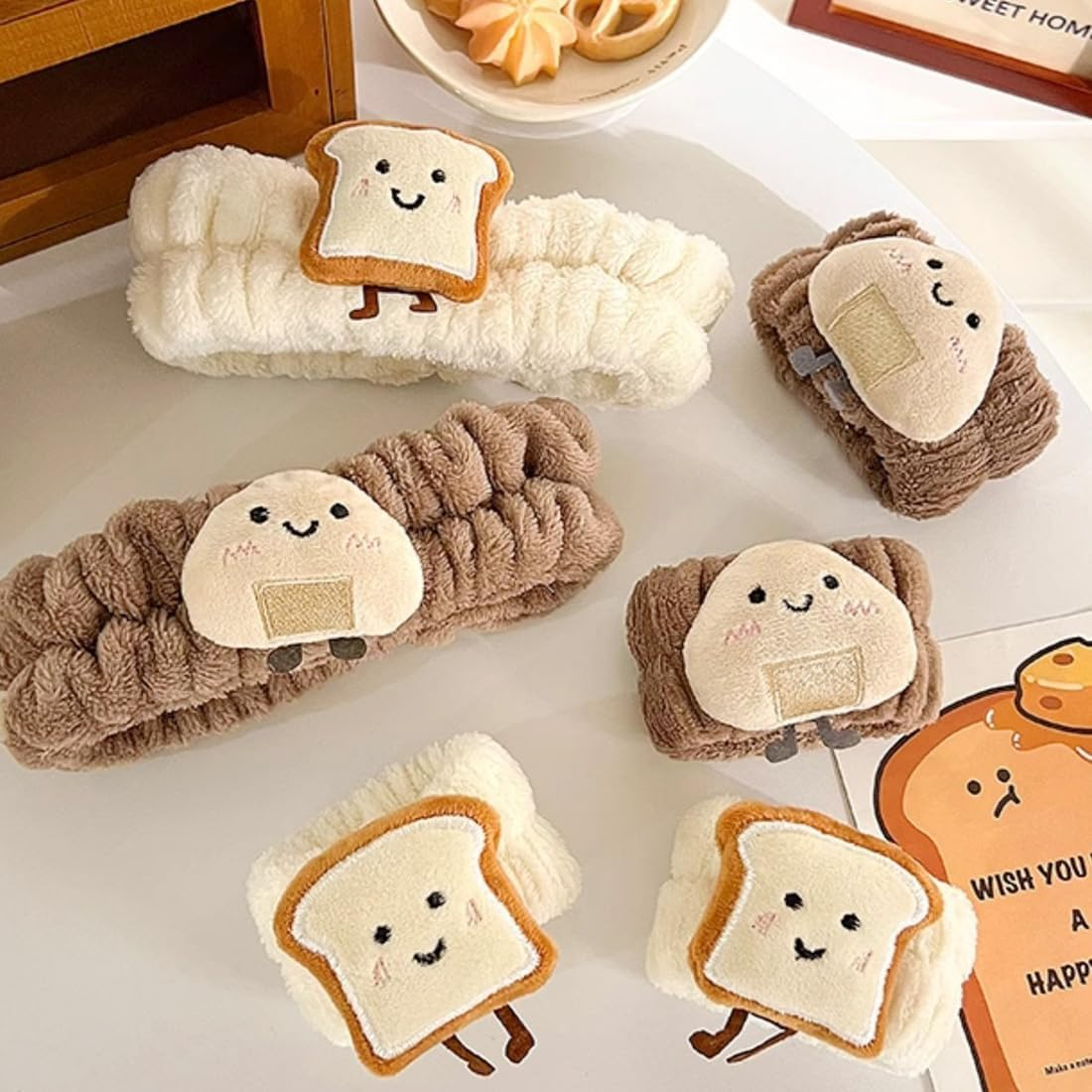 Spa Face Headband Wrist Wash Bands Set Face Wash Bracelets Elastic Makeup Hair Band Sweatband for Makeup and Washing Face Women Spa Yoga Shower, Coffee Colour image number 5