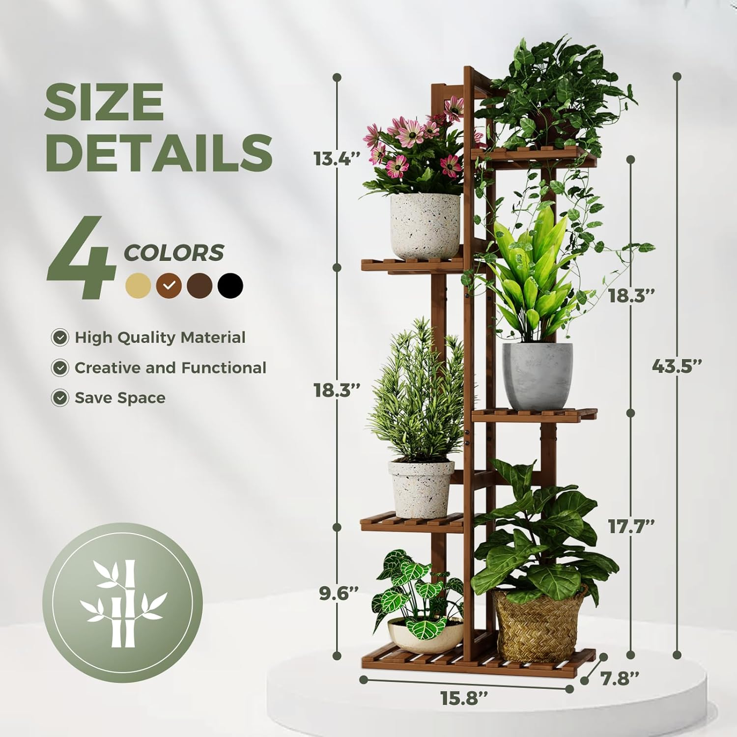 Bamworld Plant Stand Indoor, 5 Tier Bamboo Corner Plant Shelf for Multiple Plants, Small Tiered Flower Stand for Window Garden Balcony Home Decor Living Room Bedroom(Tea Brown) image number 2