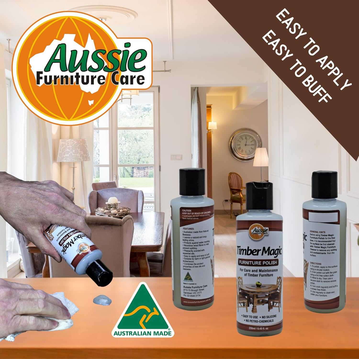 Aussie Furniture Care Timber Magic Liquid Beeswax Furniture Wax Furniture Polish 250Ml Polish Cleaner Protector for Wood & Veneer