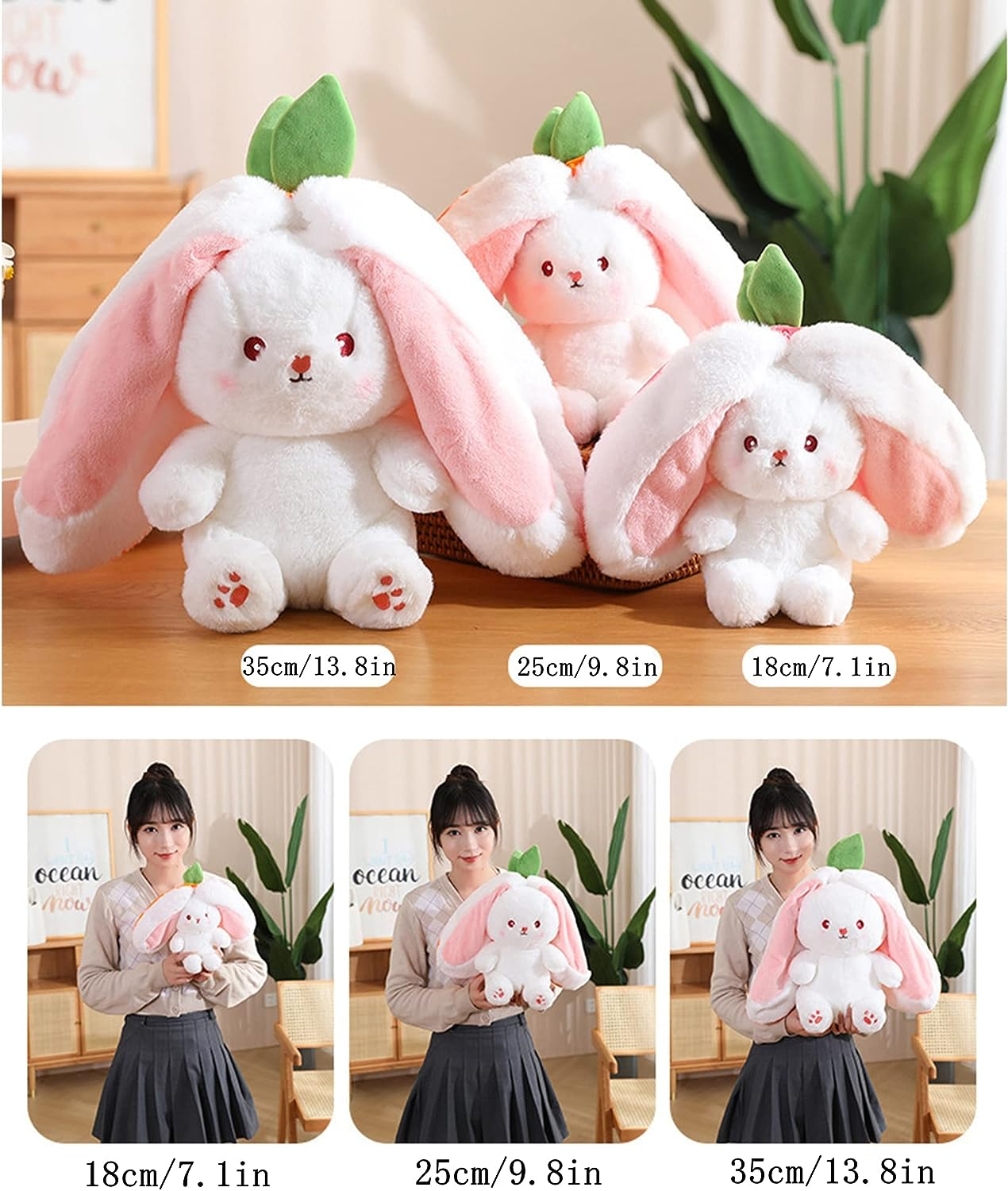 Easter Bunny Stuffed Animal Rabbit Plushie Funny Hide and Seek Bunny Carrot Strawberry Plush Floppy Ear Rabbits with Zipper Cute Bunnies Toy Decor, 7.1Inch image number 1