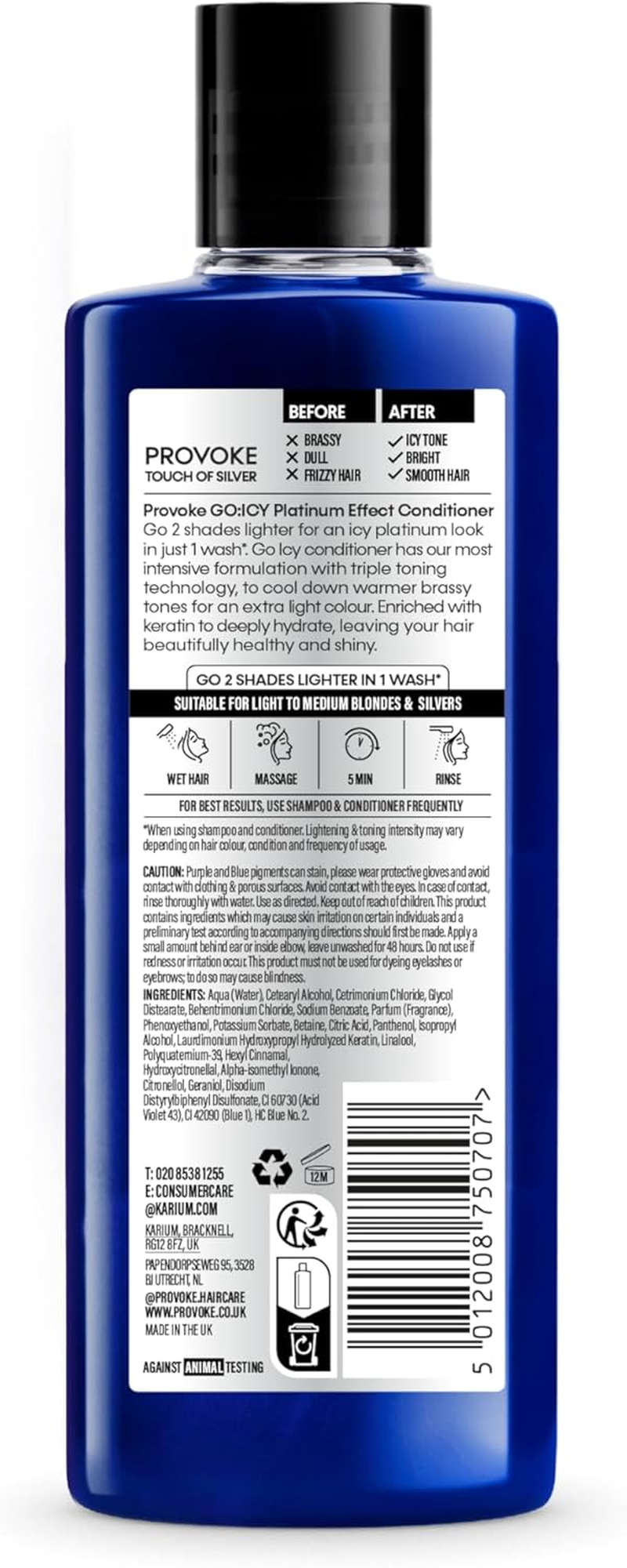 Provoke Touch of Silver Go Icy Conditioner 200Ml, Icy Platinum Look in Just 1 Wash, Triple Toning Technology, Cool down Warmer Brassy Tones for an Extra Light Colour, Enriched Keratin to Hydrate