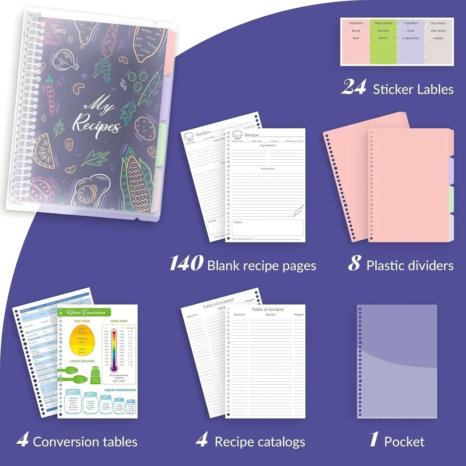 Blank Recipe Book to Write in Your Own Recipes, 8.5" X 11" Removable Hardcover Family Recipe Binder with Dividers, Customized Personal Recipe Book Hold 140 Recipes (Salvia Blue)