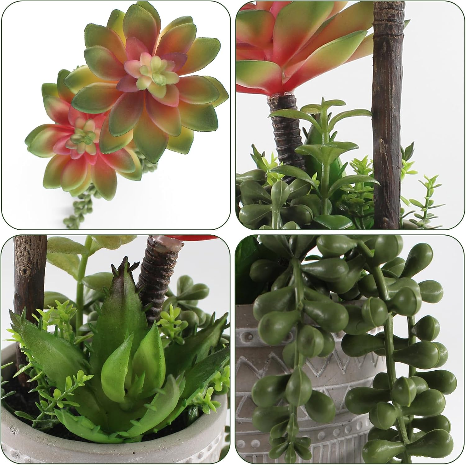 Artificial Succulents 11.4 Inch Realistic Textured Fake Succulents Faux Green Plants Aloe String of Pearls Potted Ceramic Plant for Home Decor Table Centerpiece