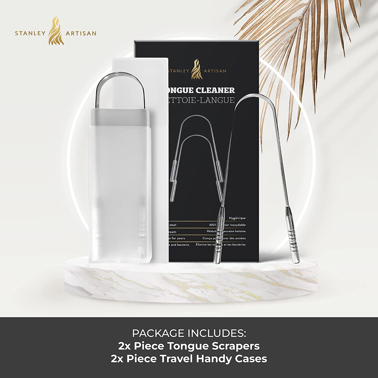Stanley Artisan Tongue Scrapers - Tongue Cleaner with 2 Pieces Travel Cases - Surgical Stainless Steel Rustproof Tongue Scrapers Effective Reusable Lifetime Scraper - (2 Count (Pack of 1), Sliver) image number 3
