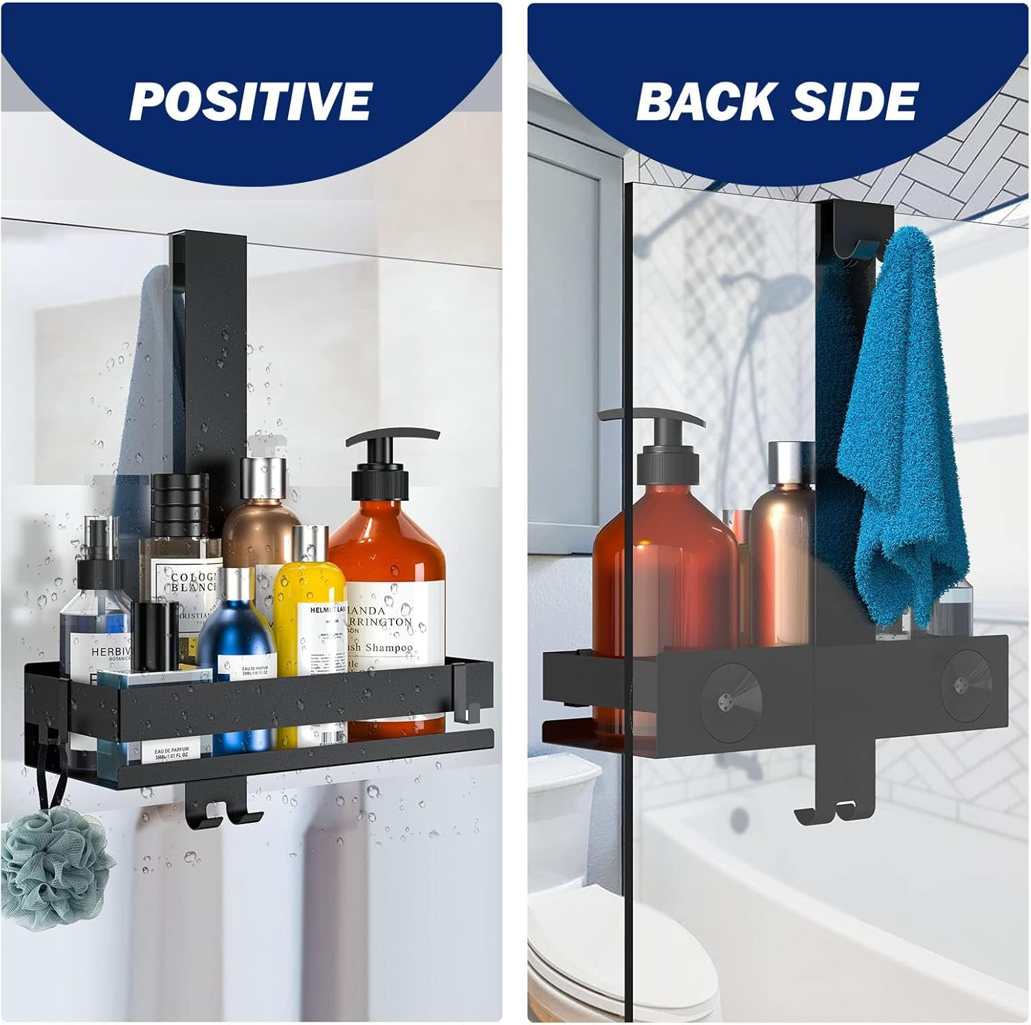 HOTOIQ Shower Caddy Hanging, Stainless Steel Shower Caddy without Drilling, Rustproof Hanging Shower Basket Holder with 2 Hooks and 4 Suction Cups for Frameless Glass Door(Black) image number 5