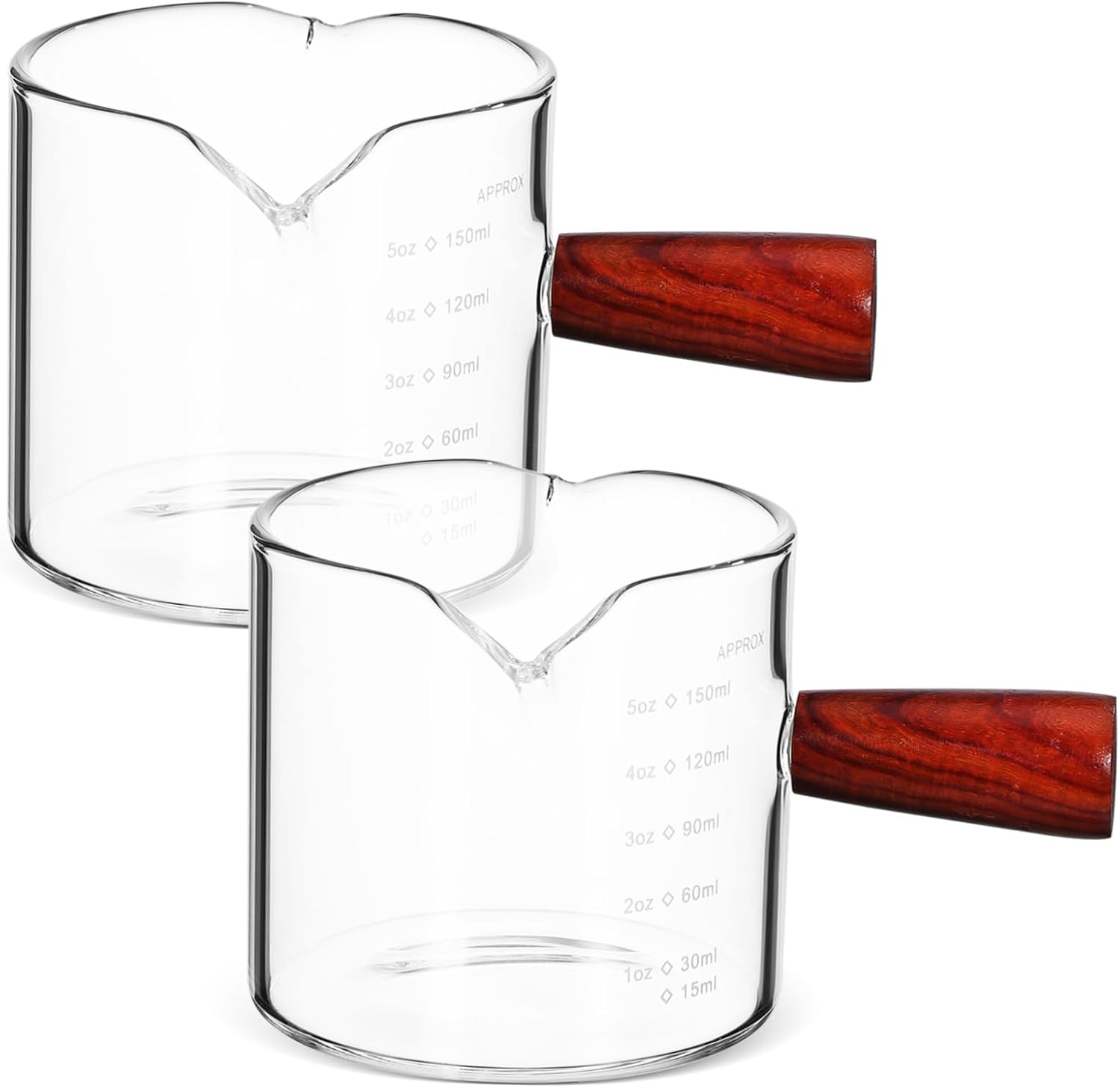 MOTHNUR 2 Pcs Espresso Glass Measuring Cups with Wooden Handles Dual Spout Pitchers for Coffee Creamer Milk Precise Graduated Design for Home Office Coffee Shop Use image number 6
