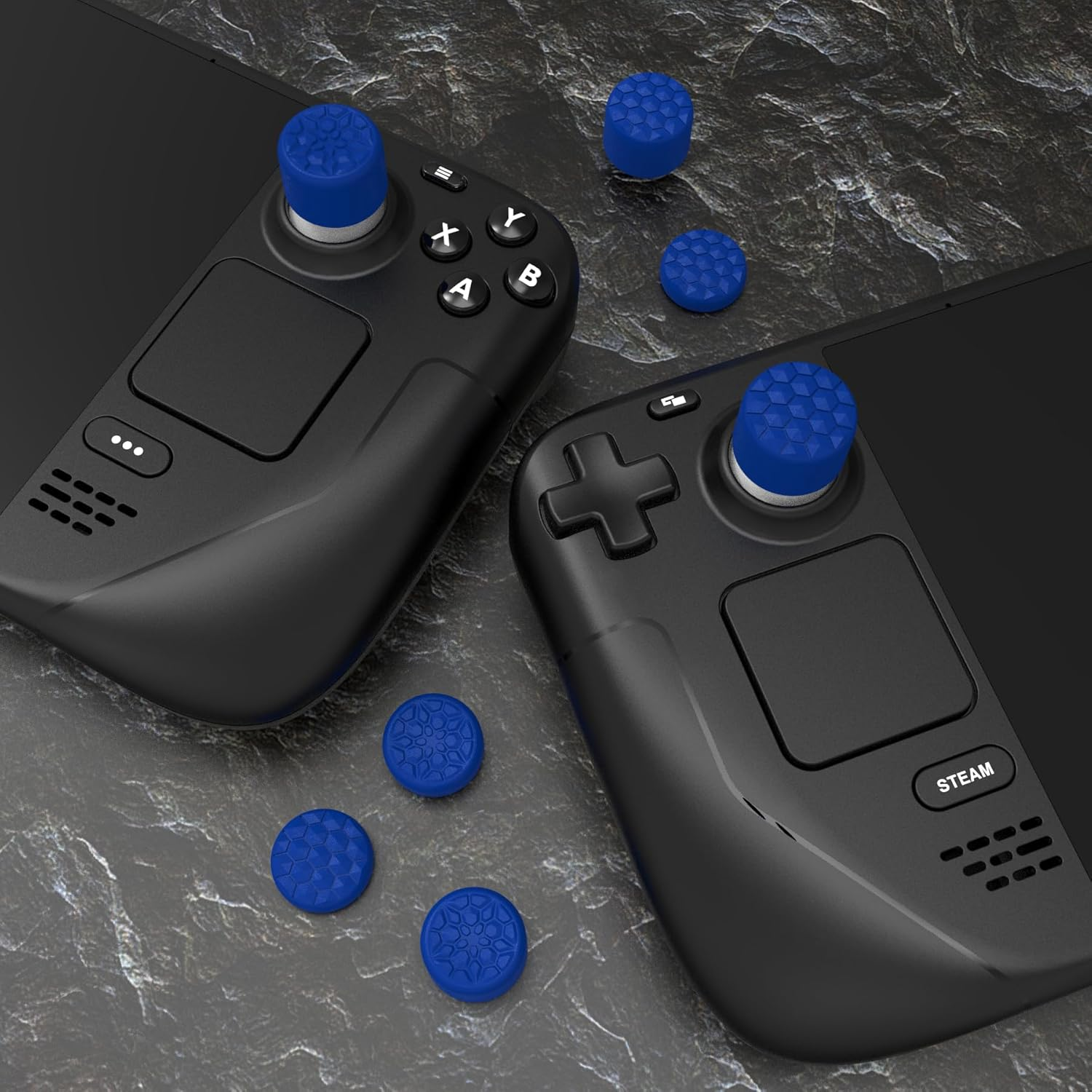 Playvital Blue Ergonomic Stick Caps Thumb Grips for Steam Deck LCD & OLED, for PS Portal Remote Player - with 3 Height Convex and Concave - Diamond Grain & Crack Bomb Design, Set of 10 image number 3