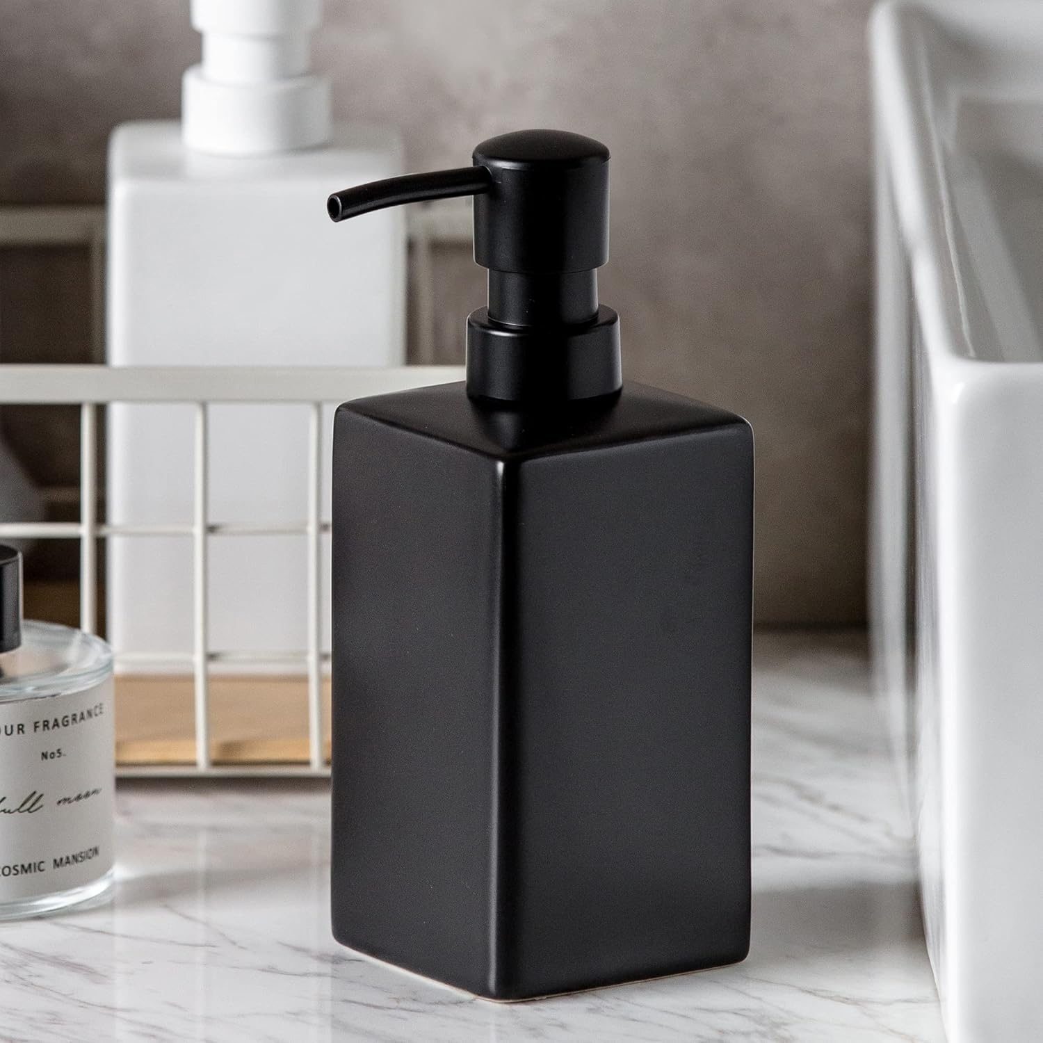 Matte Black Soap Dispenser Ceramic,Square Hand Soap and Lotion Dispenser for Bathroom Countertop,Dish Soap Dispenser for Kitchen-400Ml. - White image number 4