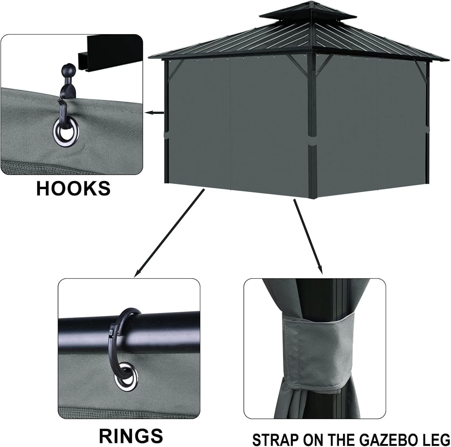 Gazebo Universal Replacement Privacy Curtain, 10'X12' Gazebo Curtains Outdoor Waterproof, 4-Panels Sidewall Curtains with Zipper for Patio, Garden and Backyard (Only Curtains, 10'X12', Grey) image number 3