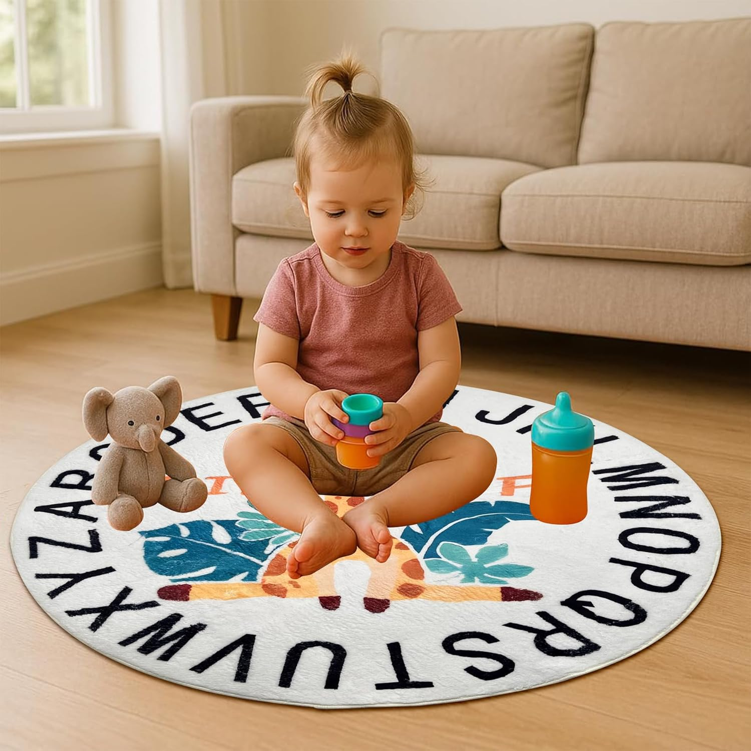 Soft round ABC Rug for Kids Room, 4Ft Fluffy Washable Circle Nursery Rug, Non-Slip Alphabet Educational Baby Kids Rug Carpet for Playroom Bedroom Classroom Kids Room Decor (White) image number 2