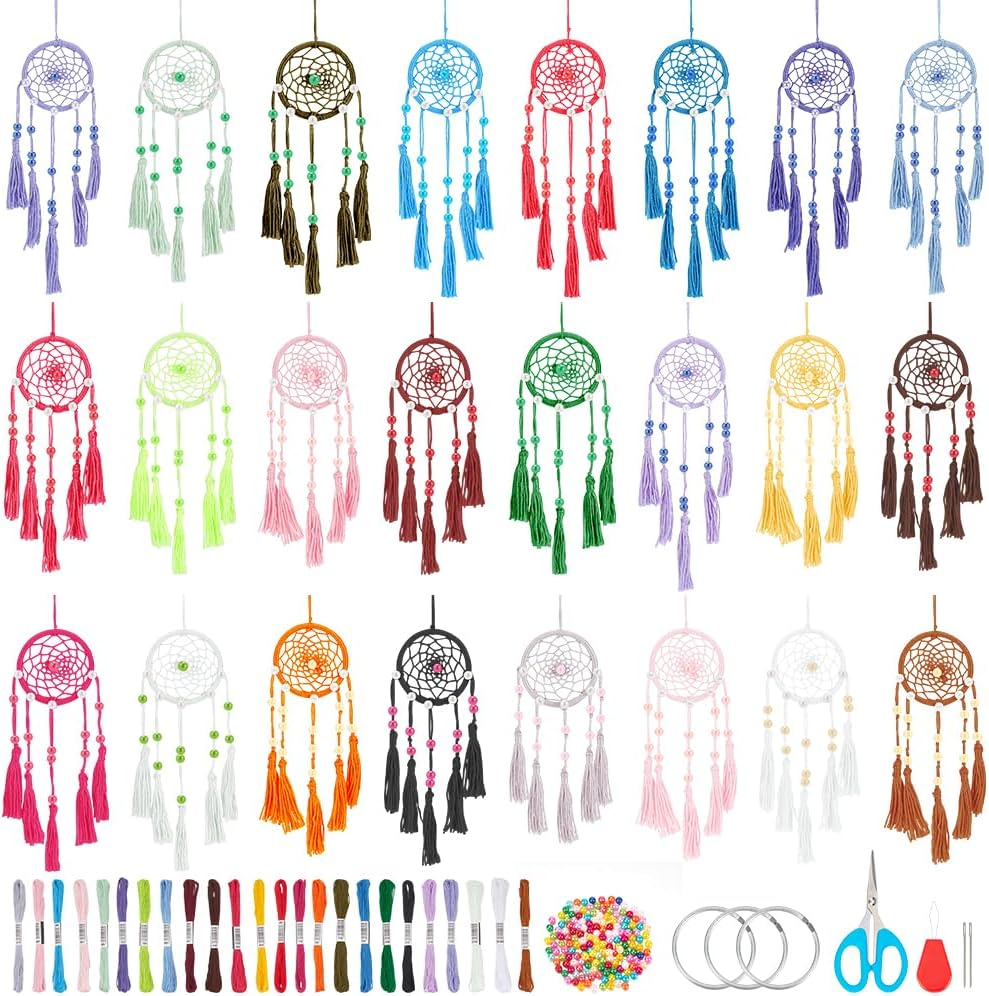 INFUNLY 24PCS DIY Small Dream Catcher Kits for Beginners Colorful Handmade Dreamcatcher Kit for Starters DIY Mini Ornament Making Kit for Bedroom Car Mirror Keychain Bag Bohemian Decoration Craft Gift