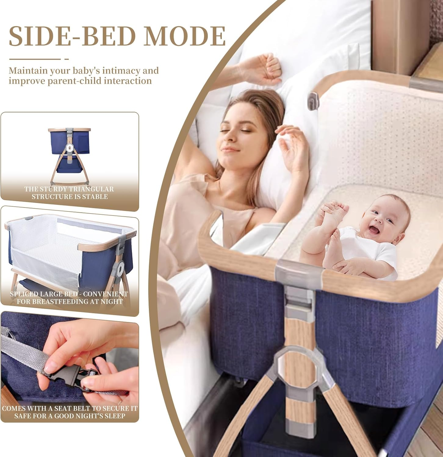 3 in 1 Baby Bassinet, Bedside Sleeper for Baby, Bedside Crib with Wheels & Storage Basket & Mosquito Net, Height Adjustable Baby Bed, Portable Bassinet for Newborn/Infant image number 3