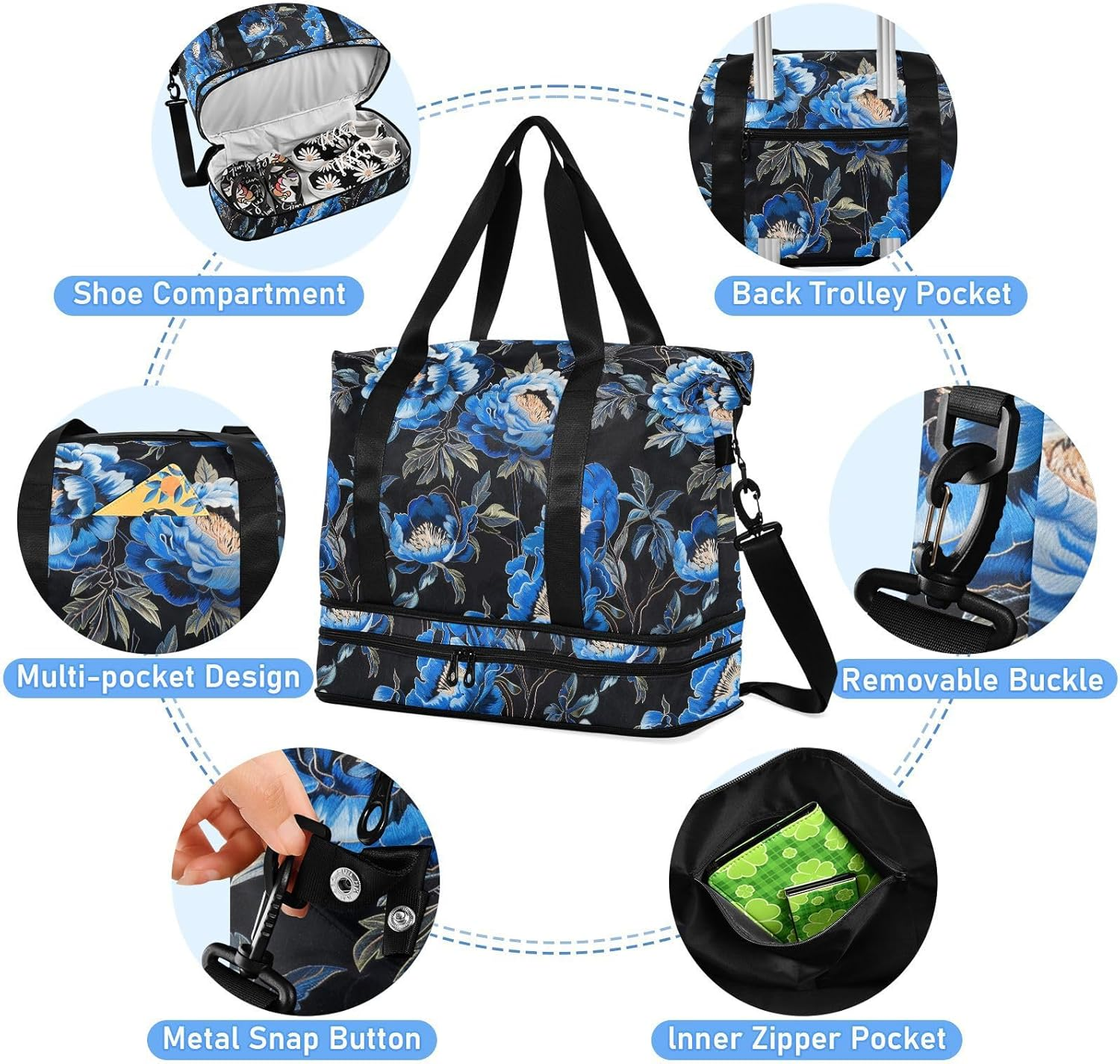 Black with Blue Peony Embroidery Personal Item Travel Bags Travel Weekender Gear Bag Tote Bag with Toiletry Bag for Airplane Traveling Foldable, Black with Blue Peony Embroidery, 1 Size image number 3