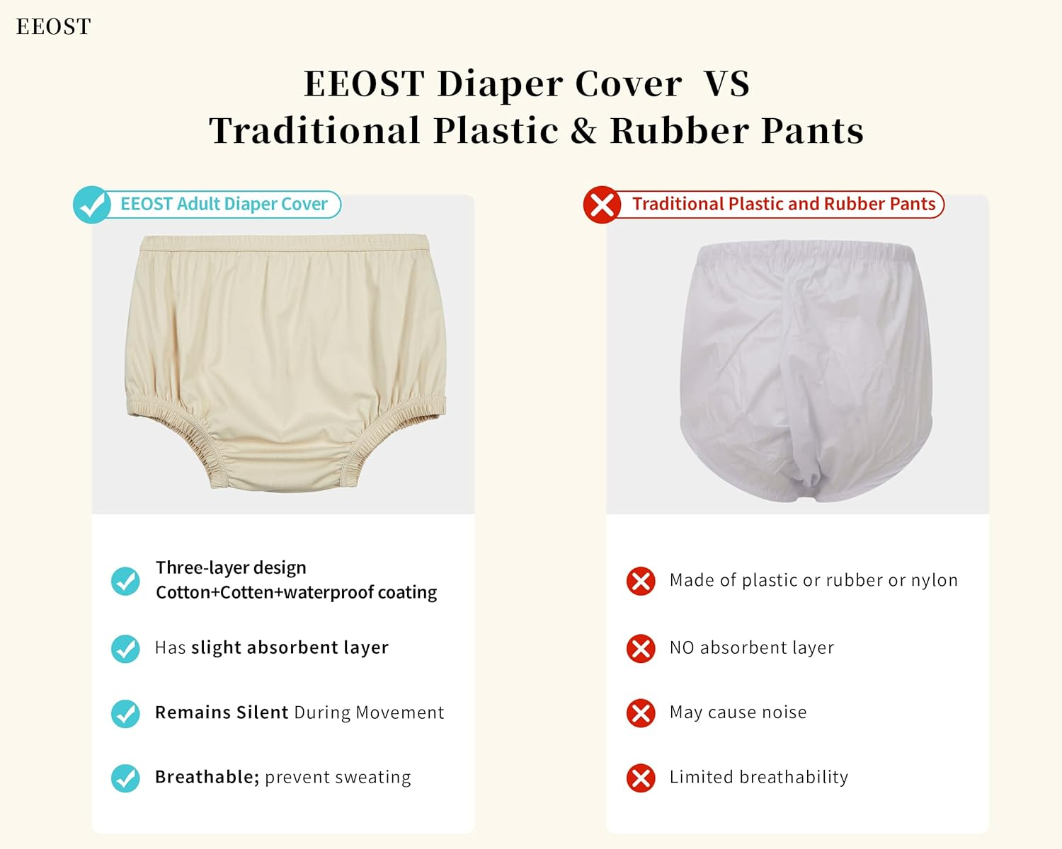 Adult Diaper Cover Silent Waterproof Plastic Rubber Pants for Incontinence Leak Protection with Light Absorbent Layer (Beige, Xxx-Large) image number 5
