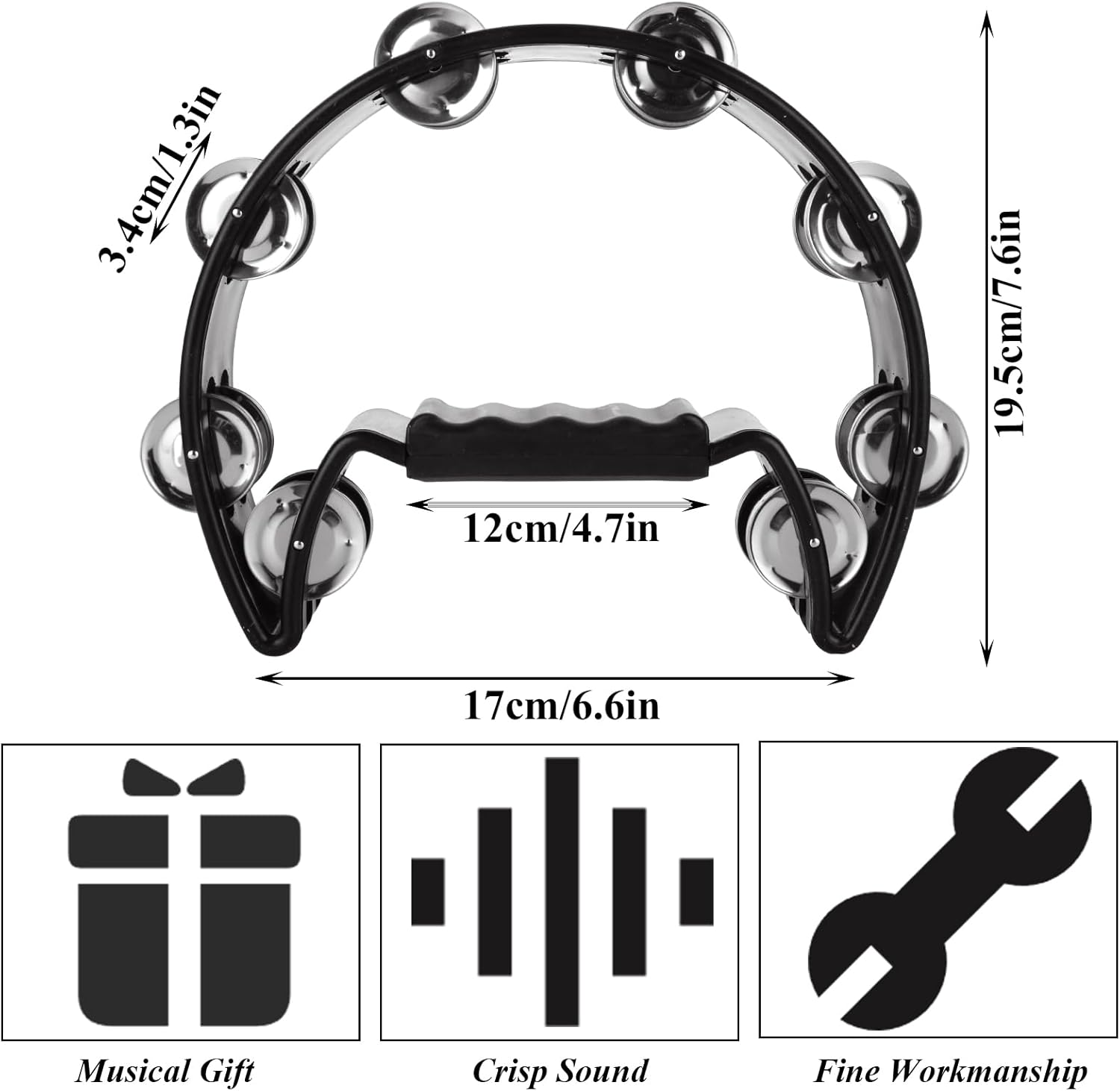 LDXDRU 3Pcs Tambourine for Adults, Metal Jingles Hand Held Percussion Half Moon Tambourine, Tamborines Musical Instrument Adult for KTV Party School