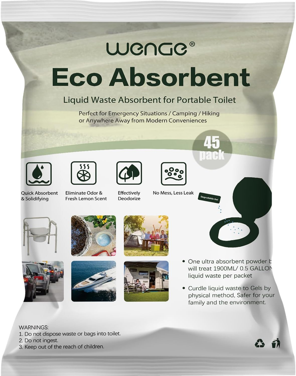 Wenge Potty Chemicals, Portable Toilet Powder - 45 Pack - Lemon Scent, Pee Powder for Portable Toilet,Camping Toilet Chemicals, Eco Absorbent Gel Liquid Waste Gelling image number 3