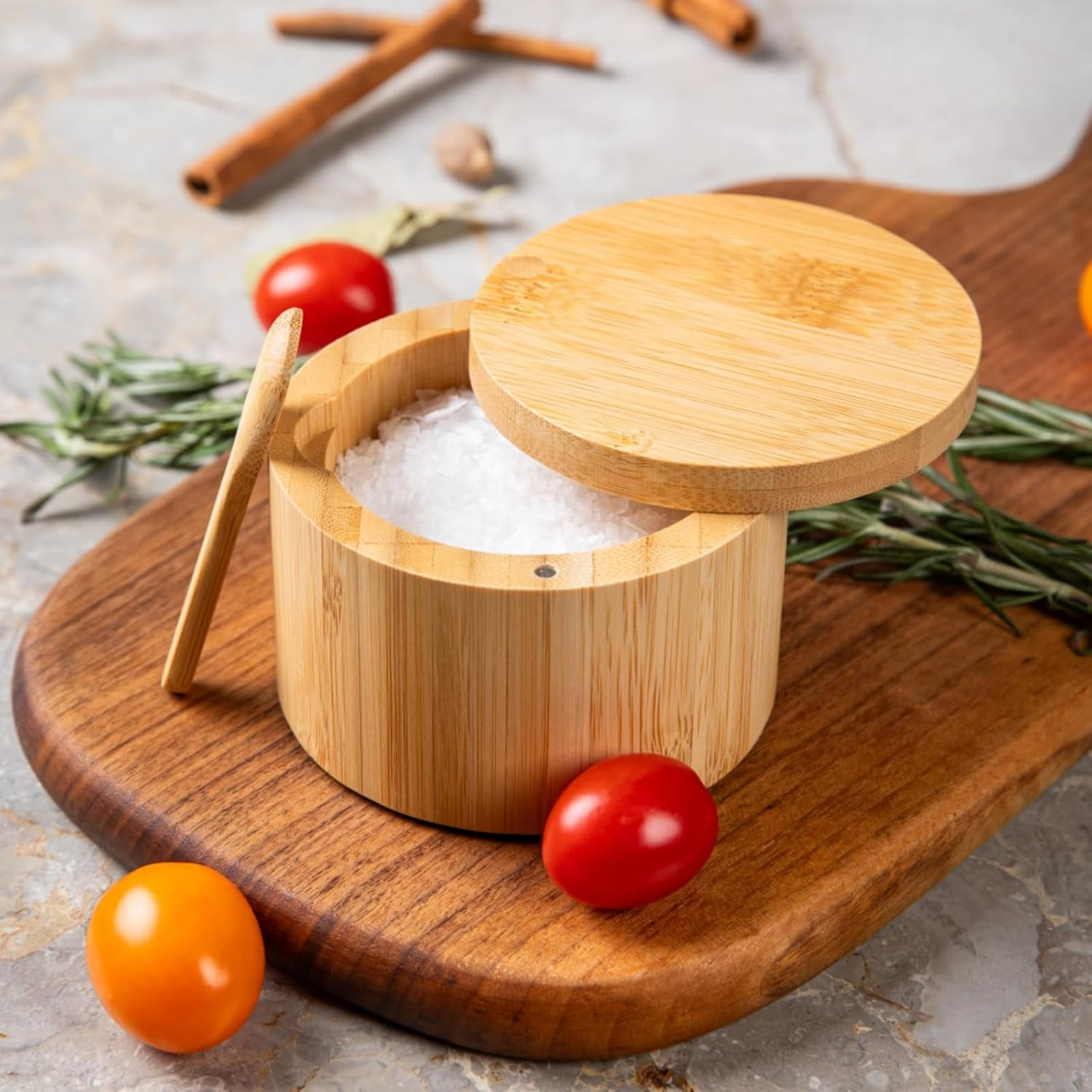 Bamboo Salt Cellar Bowl Box with Swivel Magnetic Lid to Avoid Dust, Elegant Kitchen Salt Container Holder with to Storage Pepper Spice Bath & Sea Salts, 6Oz（Built-In Spoon） image number 4