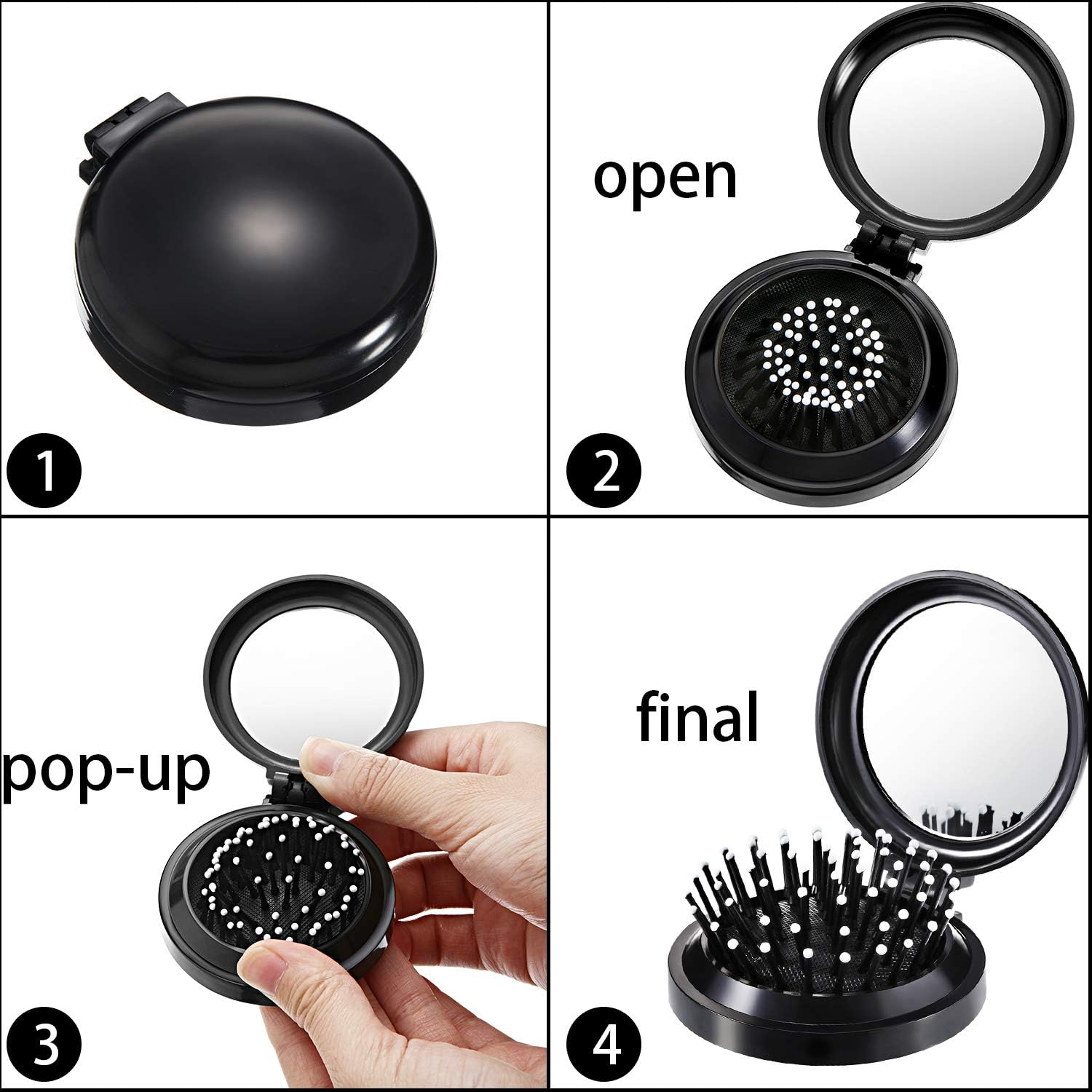 Boao 2 Pack Foldable Travel Mirror Hair Brushes round Portable Folding Pocket Hair Brush Mini Comb Compact Travel Size Massage Comb for Men Women(Black)