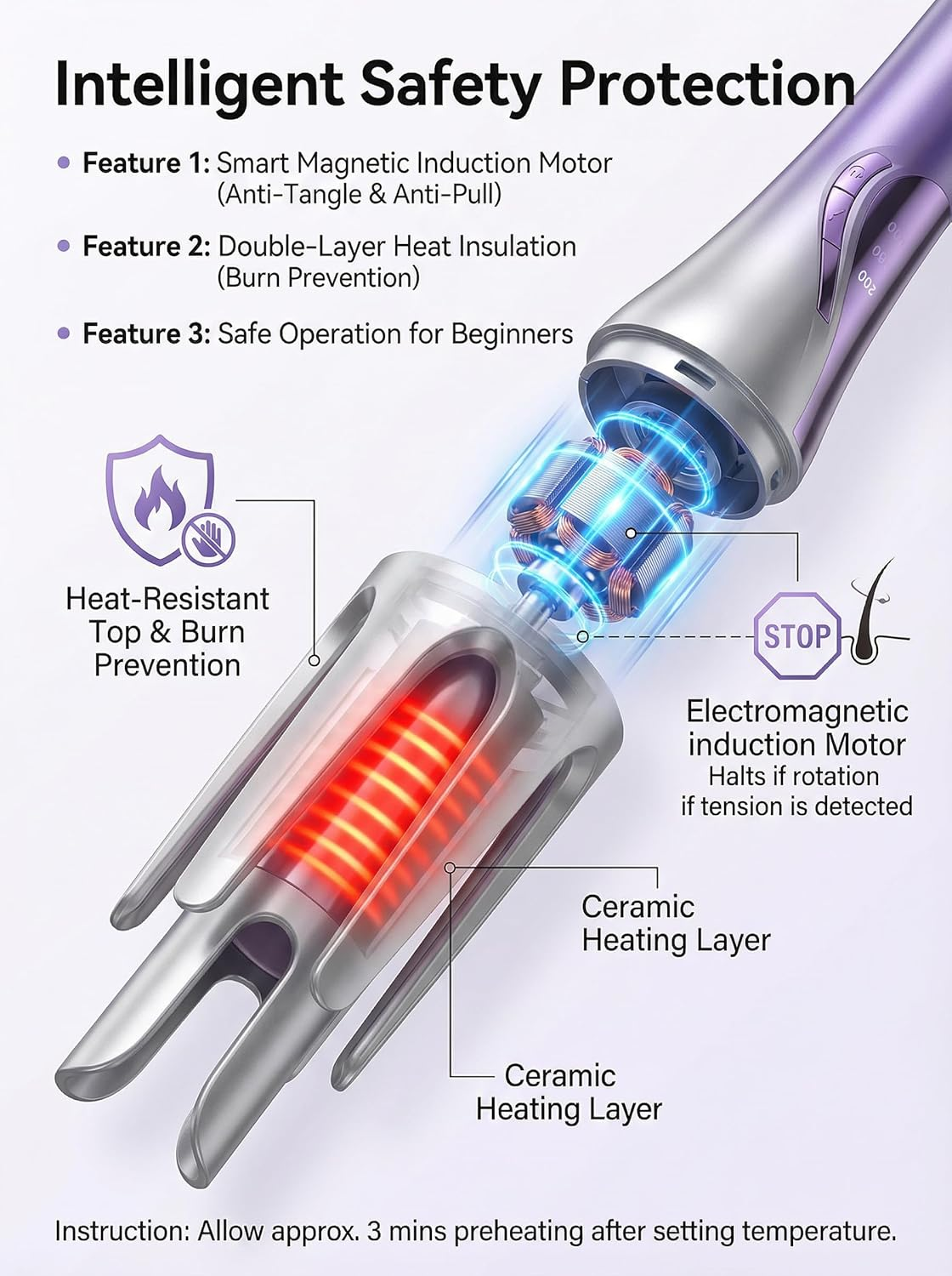 Cordless Automatic Hair Curler, 32Mm Rechargeable Rotating Curling Iron for Effortless Curls, 30S Fast Heat-Up with 3 Temp Settings & Anti-Tangle Tech (Gradient Purple) image number 6