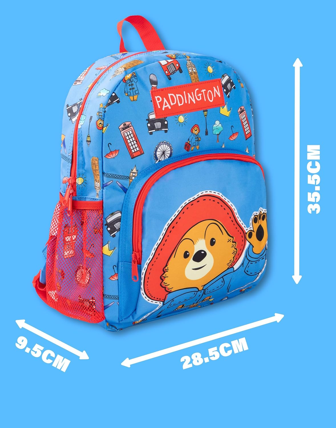 Paddington Bear Boys Backpack | Blue & Red Rucksack with Adjustable Straps | British Character Practical & Organised Luggage Sports School Bag for Kids | Movie Series Merchandise Gift, Blue, One Size