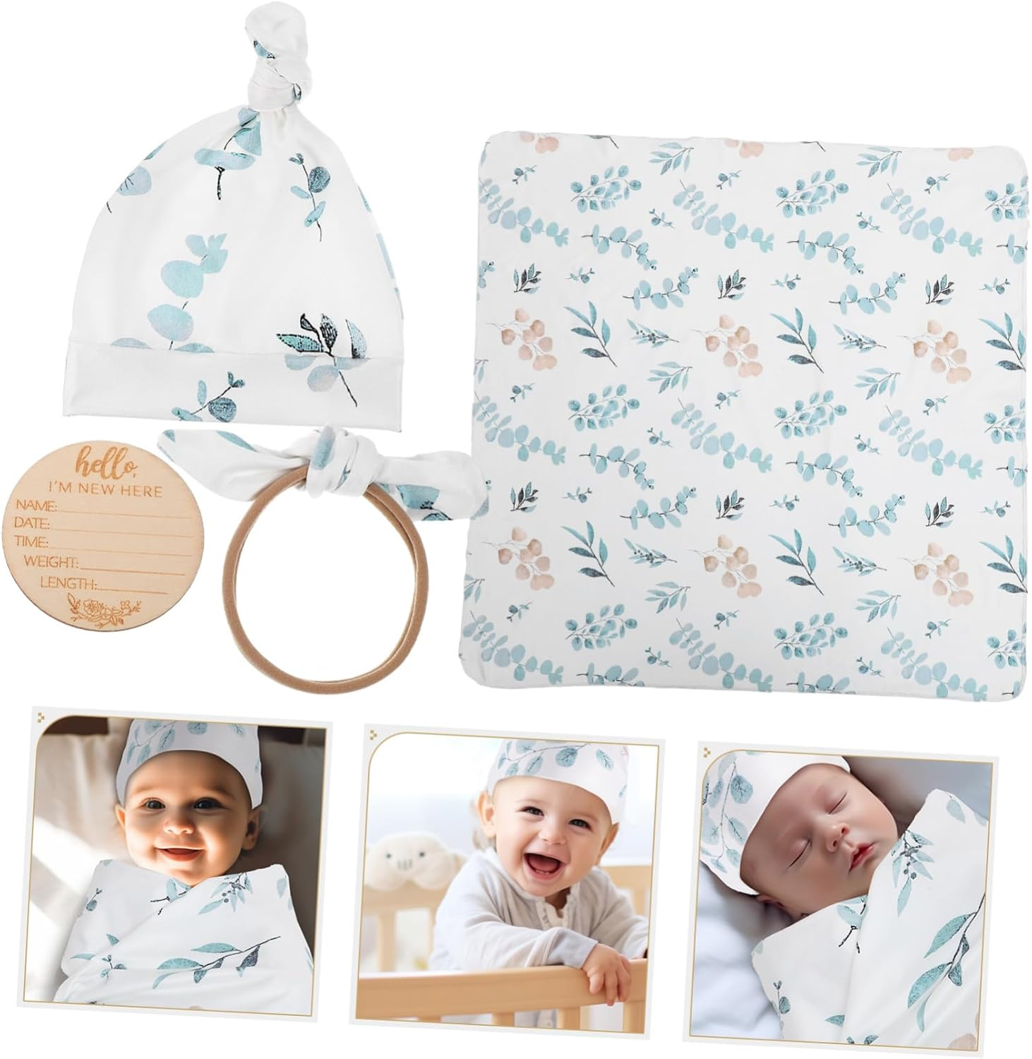 Newborn Swaddle Blanket with Hat Headband Soft Polyester Boy Girl Receiving Blanket with Name Sign Eucalyptus Leaves Design for Photography And