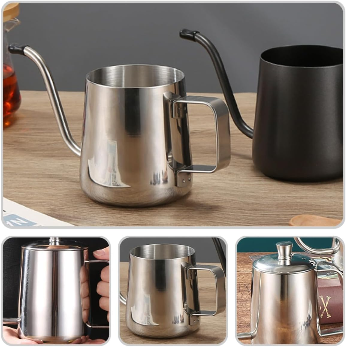 HINTRMENT Stainless Steel Gooseneck Coffee Kettle 600Ml with Sealing Lid, Office Drip Coffee Tea Pot Water Pot, Thickened Mini Long Spout Kettle for Drip Brewing image number 2