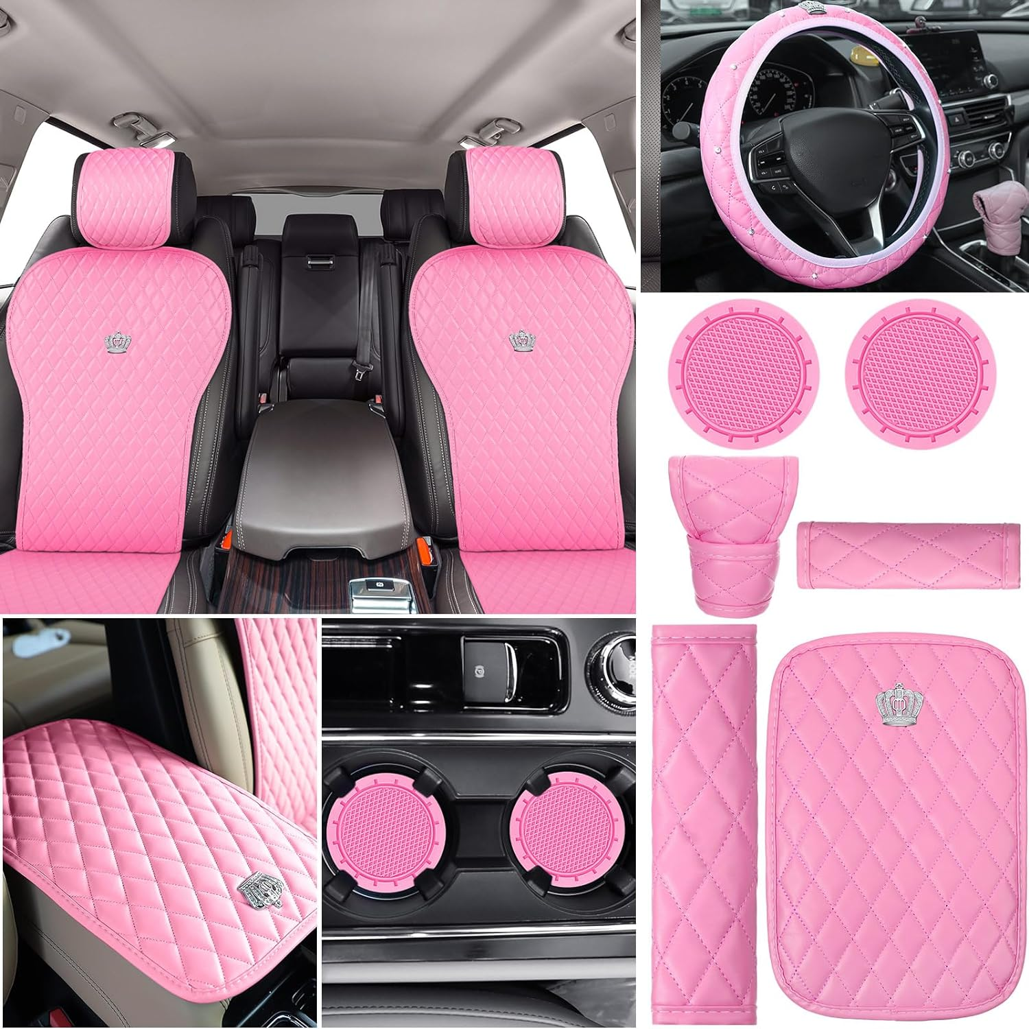 Tallew 14 Pcs Pink Car Accessories Set Leather Diamond Seat Cover Steering Wheel Cover with Center Console Pad Cup Holders Gear Protection for Women Car Interior Decor(Full Set) image number 5