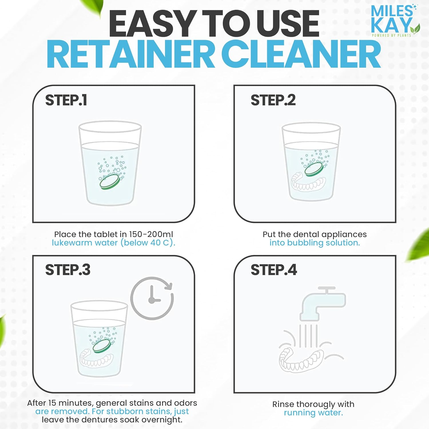 Retainer Cleaner &ndash; 120 Tablets (4-Month Supply) &ndash; Retainer Cleaning Tablets for Retainers, Aligners, Invisalign, Dentures, Mouth Guards &ndash; Ultrasonic & Dental Pod Compatible &ndash; Fresh Mint | Miles Kay