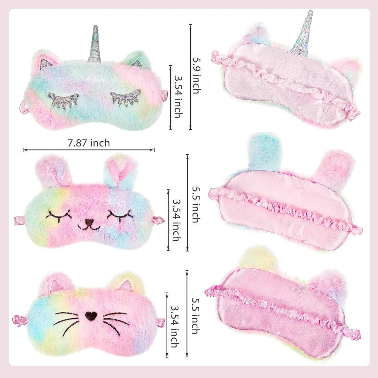 Travel Essentials，3 Pack Kids Sleep Mask Set - Soft Plush Animal Eye Covers for Girls (Bunny, Cat, Unicorn) | Comfortable Blindfold for Naptime & Travel（Rainbow Colors） image number 4