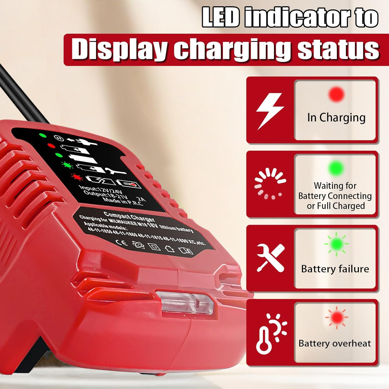 For Milwaukee 18V Charger,Car Charger,Compaitble with Milwaukee M18 Lithium Ion Vehicle Charger,Battery Charger for Battery 18V C18B, C18BX, M18B, M18B2, M18B4, M18BX Battery