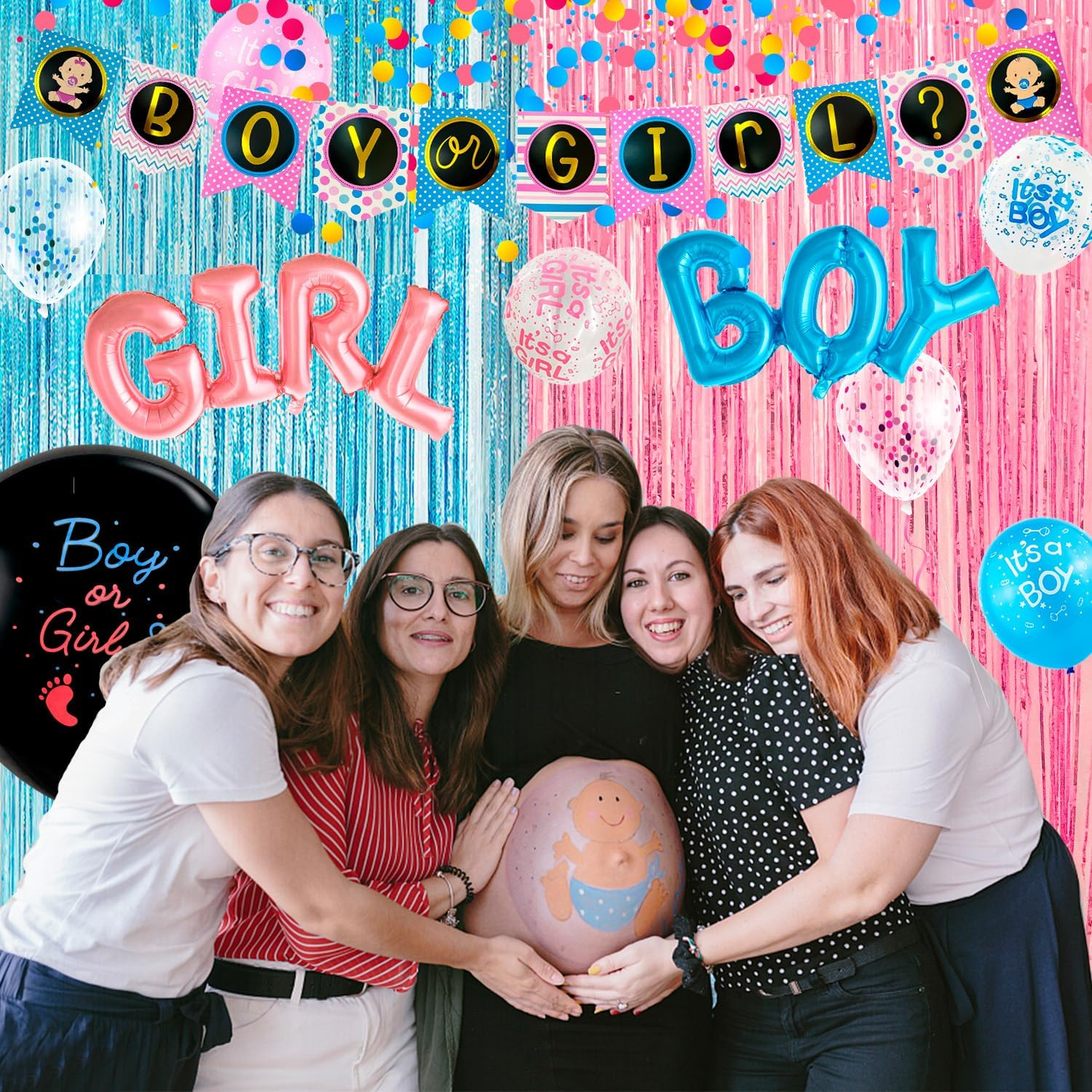 Gender Reveal Party Supplies,118Pcs Gender Reveal Party Decorations & Tableware Set- Gender Reveal Plates and Napkins and Cups and Tableware & Boy or Girl Banner Balloons Fringe Photo Booth Props Etc image number 1