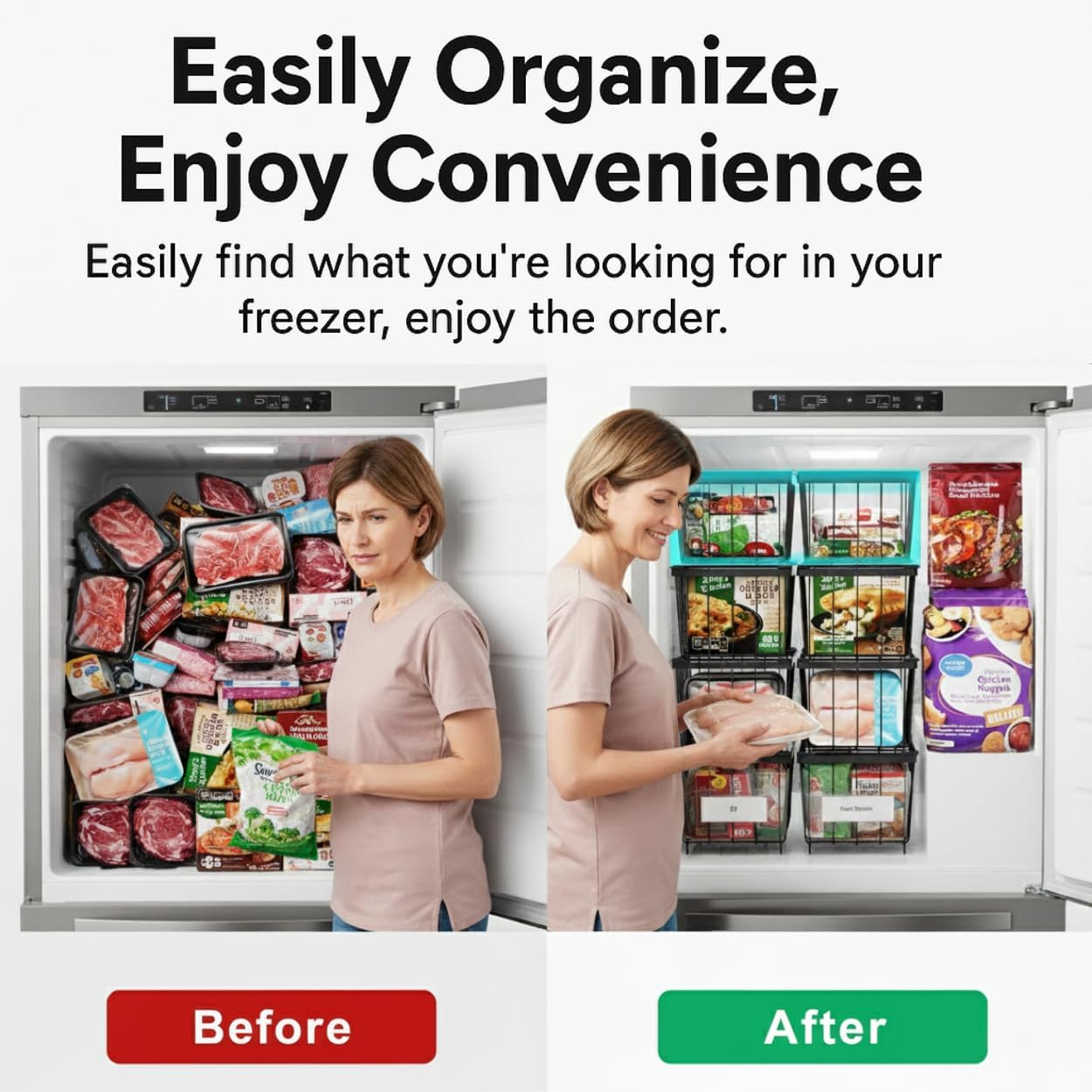 4 Pack Freezer Organiser Bins for Chest Freezer, Stackable Folding Metal Large Freezer Organizer Bins, Deep Freezer Drawer & Rack Baskets, Hanging Storage Fridge Organiser with Handles image number 2